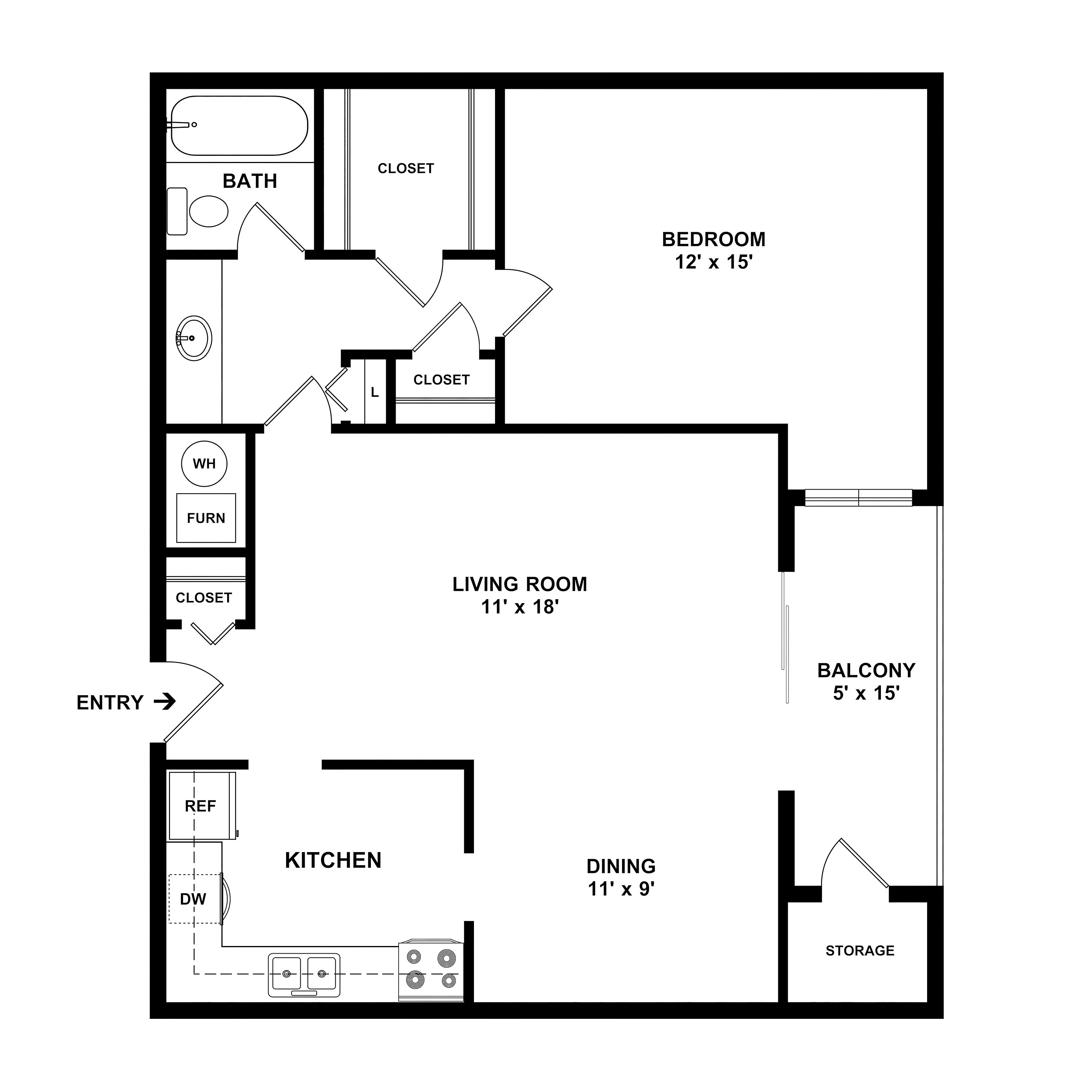 Modern floor plan featuring spacious 1 bedroom, open living room, stylish kitchen, and private balcony.