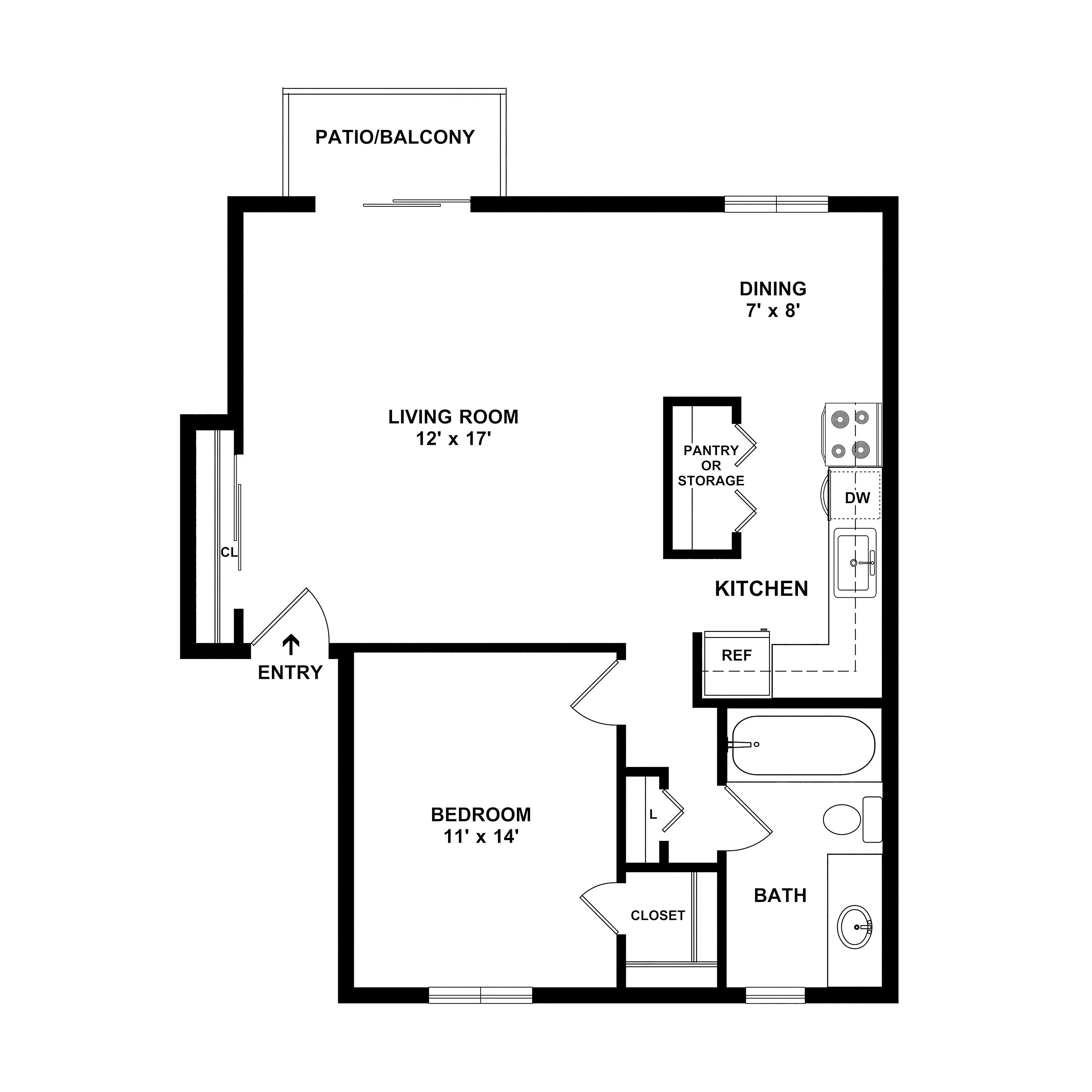 Inviting floor plan featuring a spacious bedroom, open living room, cozy kitchen, and a patio/balcony for outdoor relaxation.