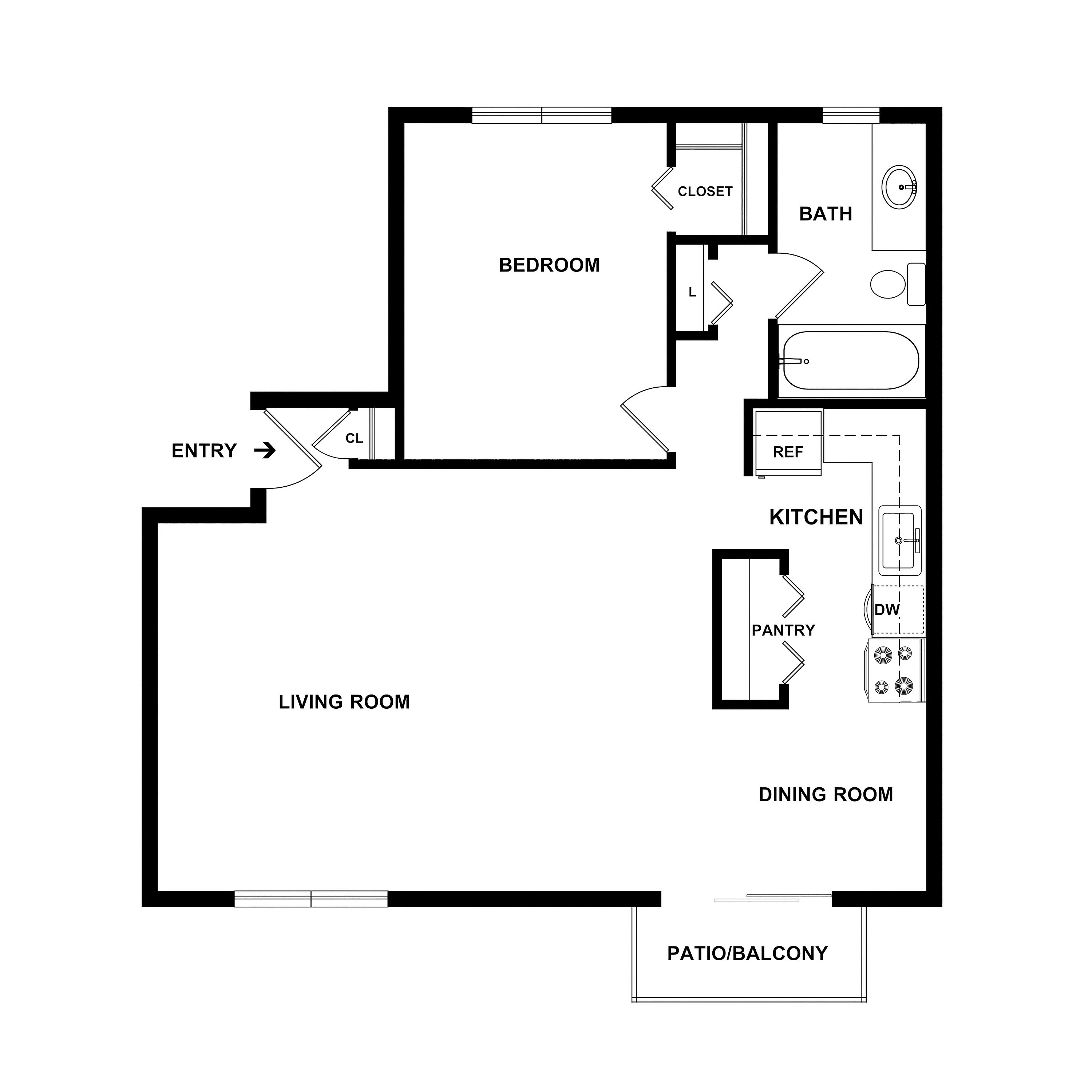 Elegant floor plan showcasing one-bedroom apartment with spacious living room, modern kitchen, dining room, bathroom, and patio, designed for comfortable living.