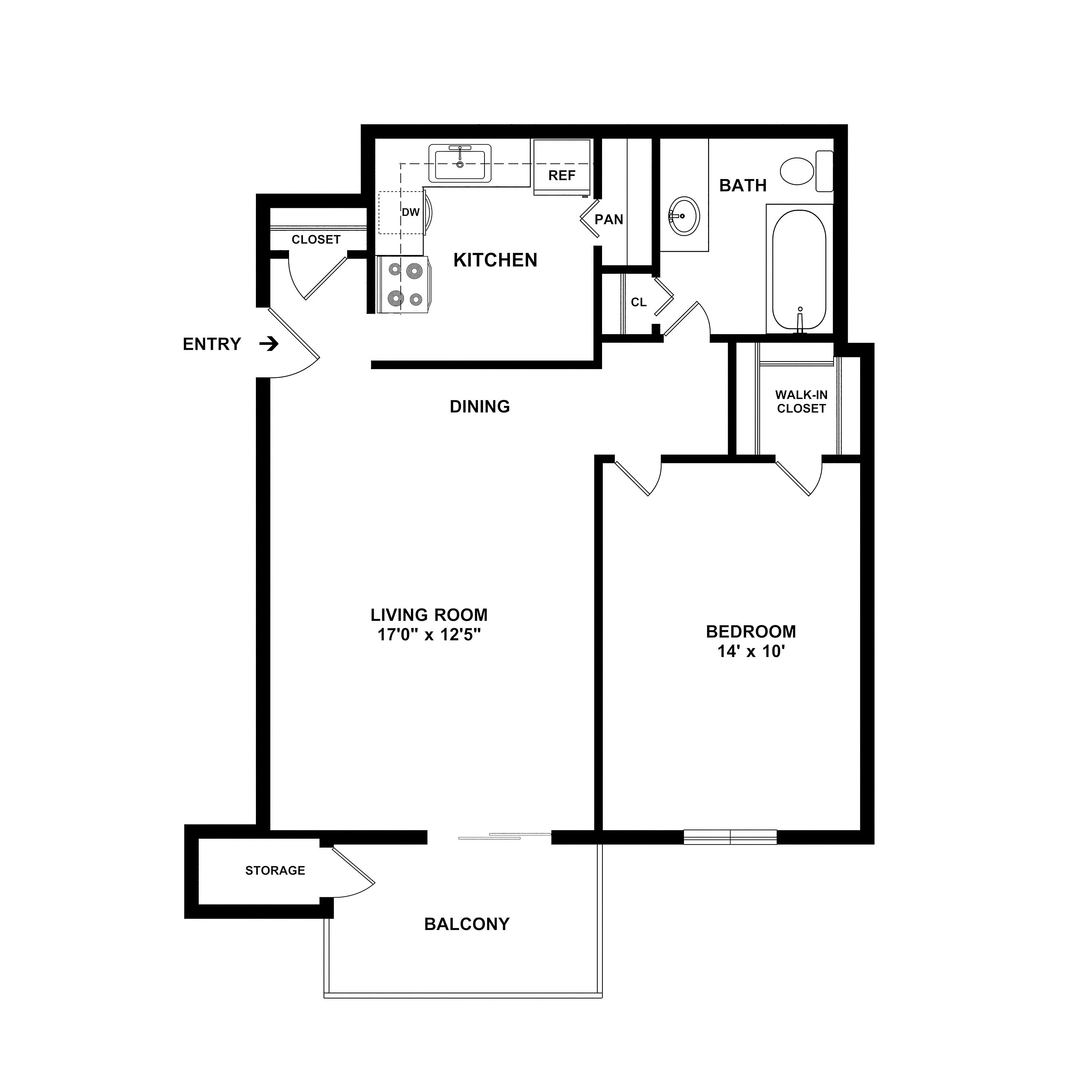 Modern floor plan showcasing a 1-bedroom layout with spacious living room, open kitchen, dining area, and private balcony access.