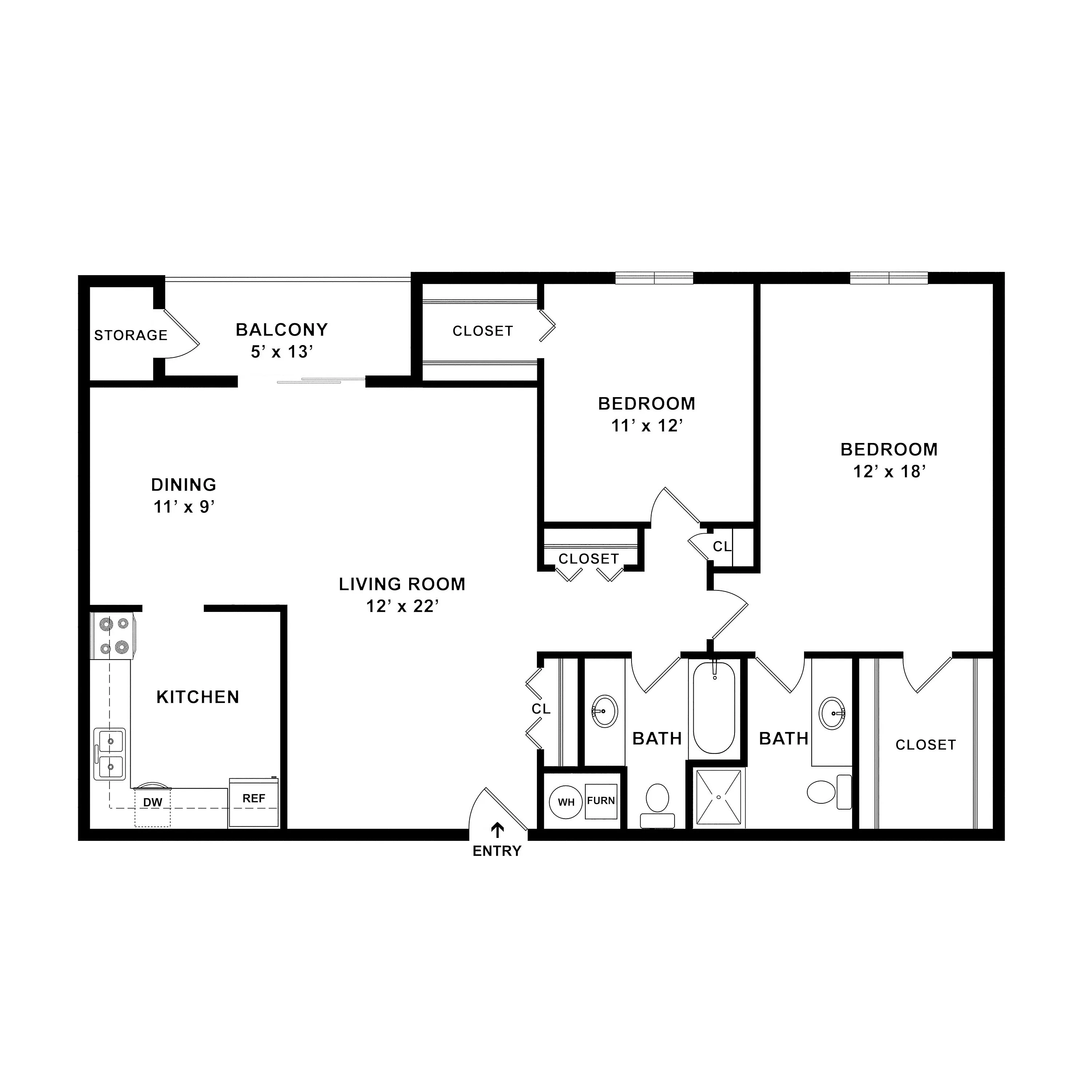 Modern floor plan showcasing a spacious 2-bedroom apartment with an open living area, balcony, and contemporary kitchen layout.