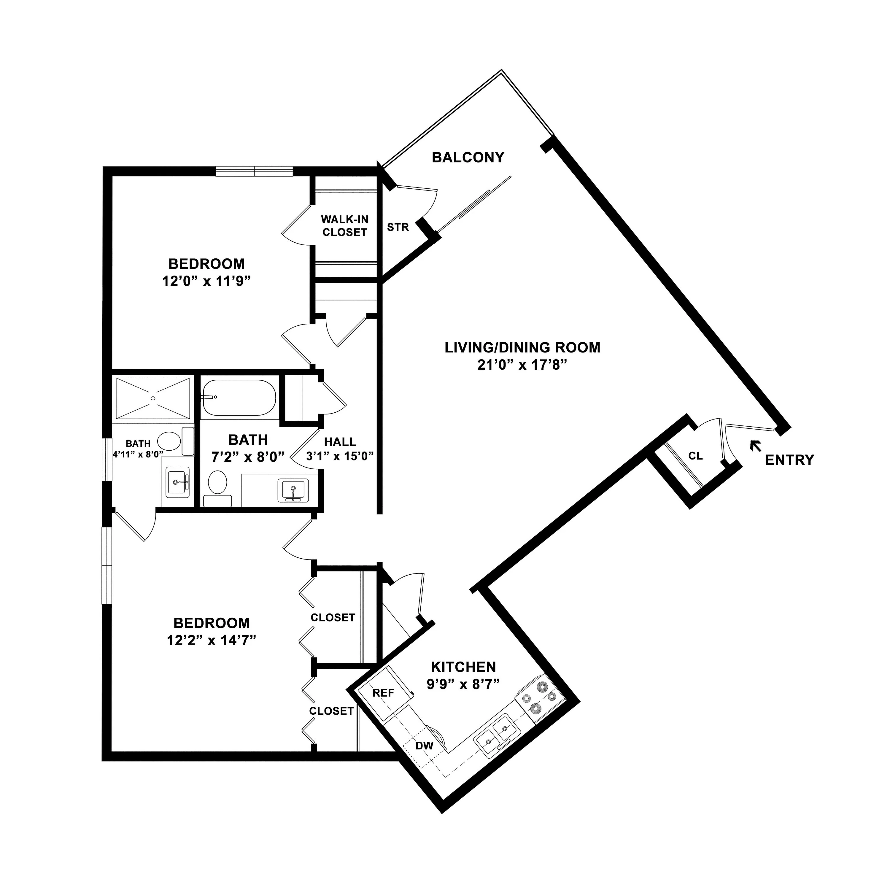Modern 2-bedroom apartment floor plan with spacious living/dining room, balcony, and efficient kitchen layout.