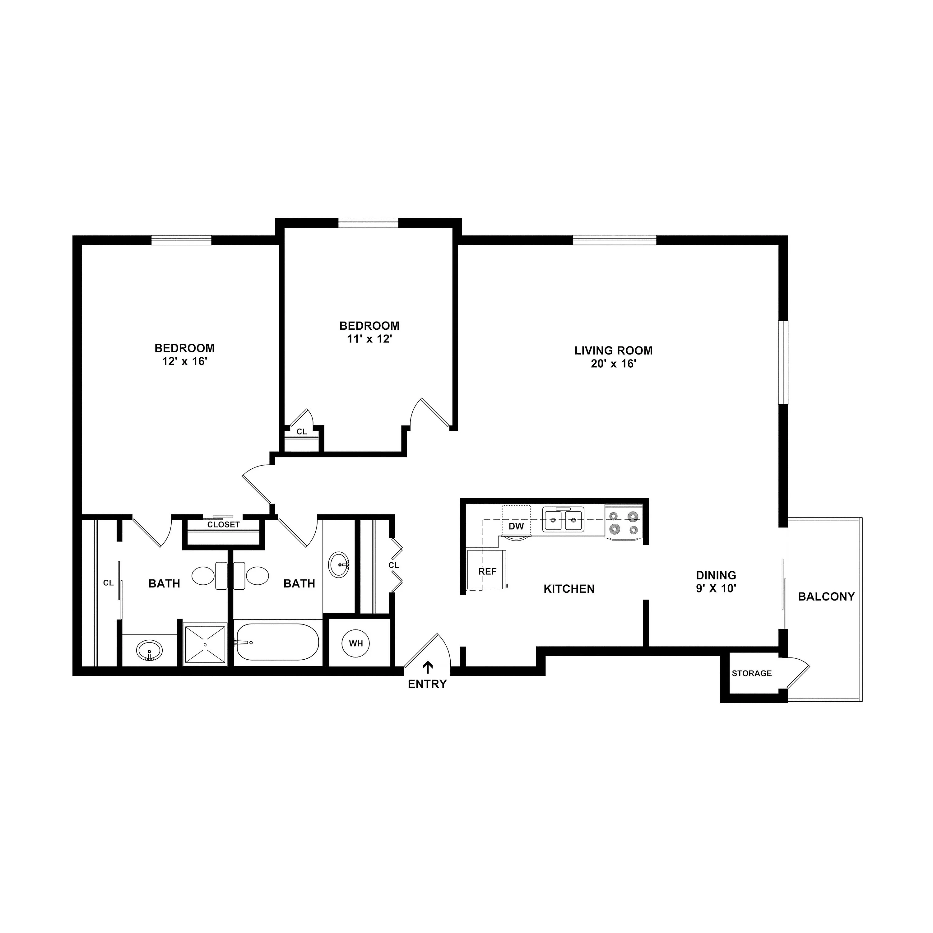 Chic apartment floor plan showcasing 2 spacious bedrooms, elegant living room, modern kitchen with dining area, and private balcony.