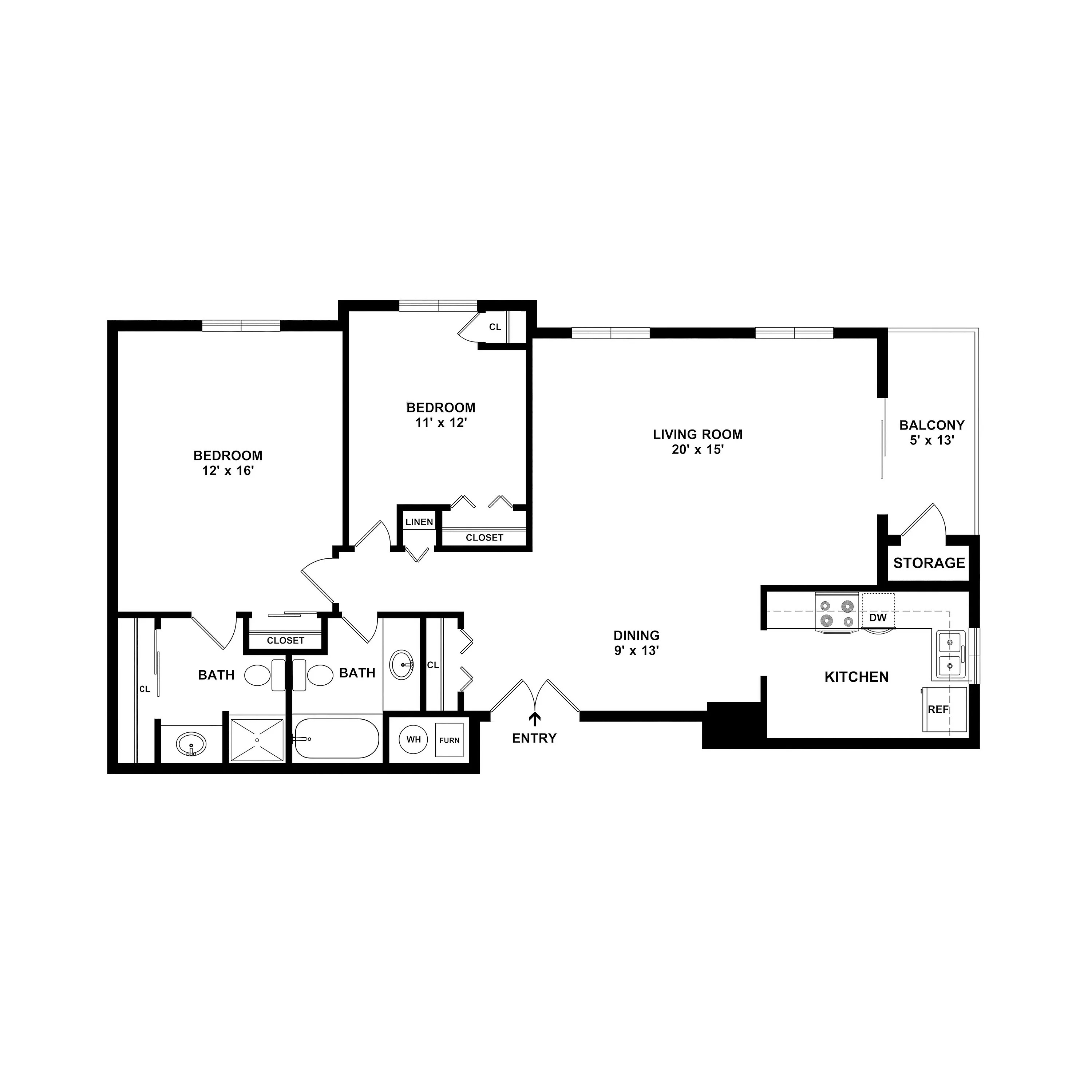 Modern floor plan featuring 2 large bedrooms, spacious living room, and dining area with balcony access.
