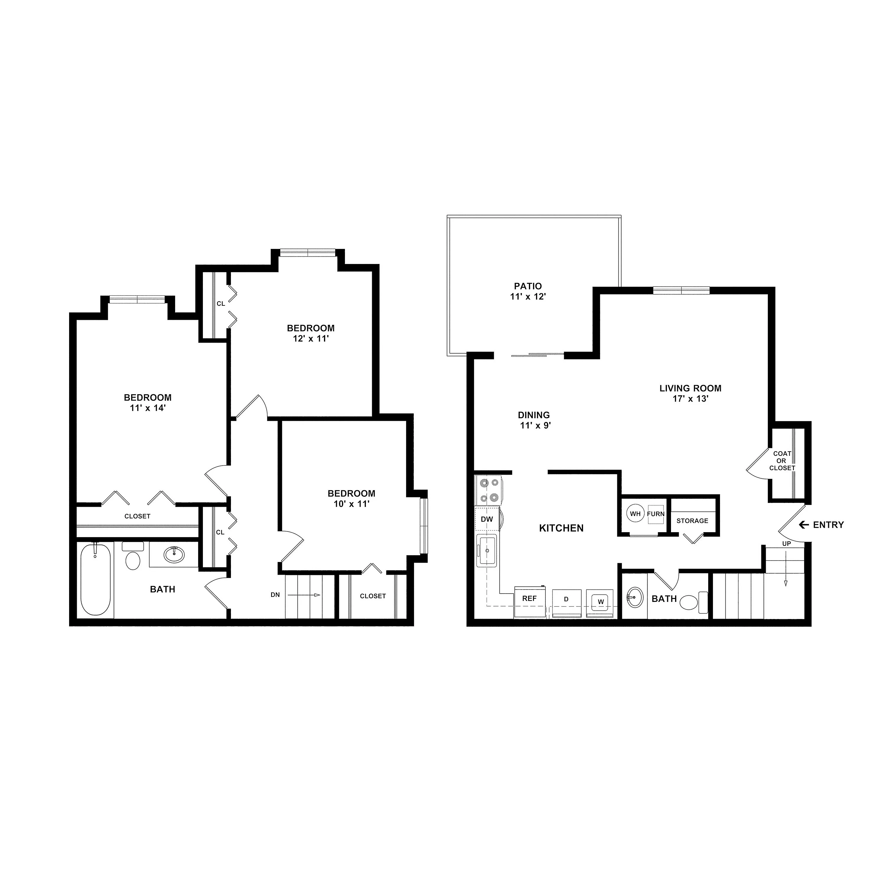 Modern two-story floor plan featuring three airy bedrooms, an expansive living room, spacious kitchen, and inviting patio.