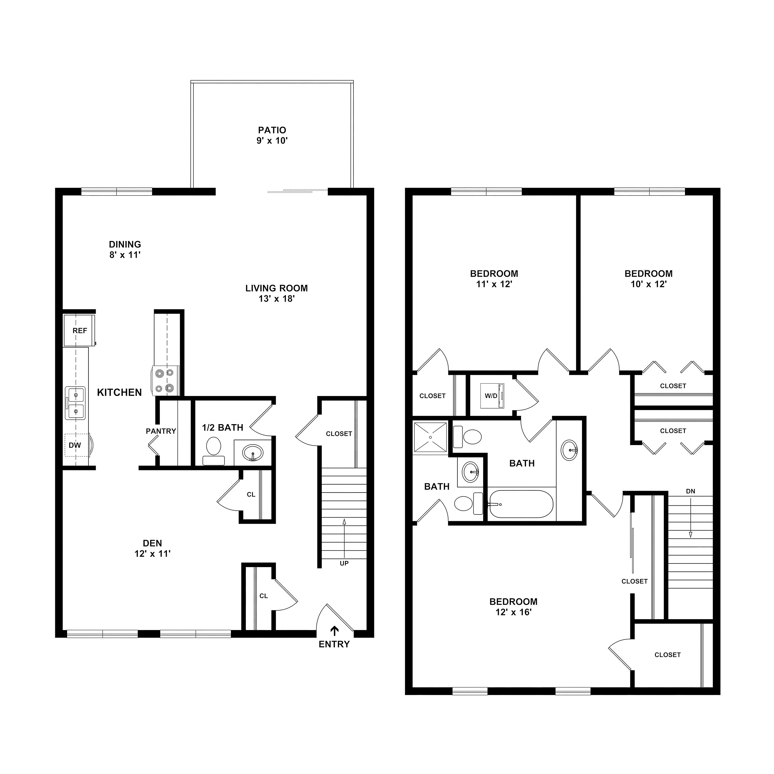 Modern two-story floor plan featuring 3 bedrooms, a bright living room with patio access, spacious kitchen, and a cozy den. Elegant layout ideal for comfortable living.