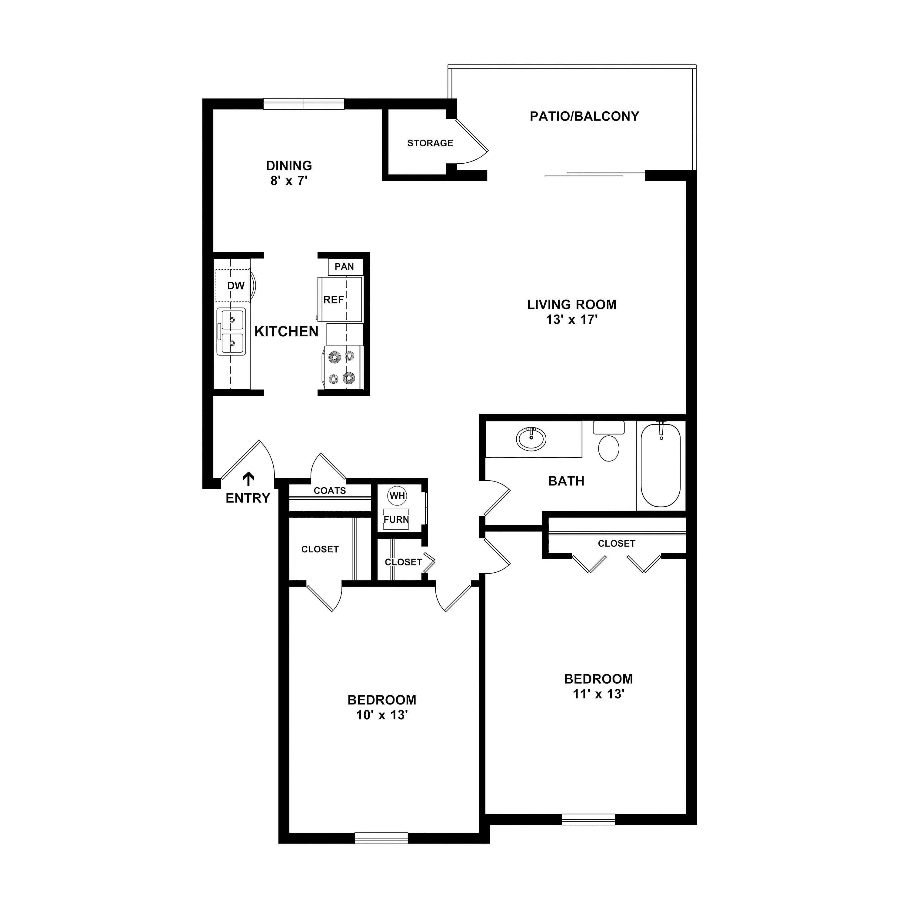 Chic 2-bedroom apartment floor plan with a spacious living room, modern kitchen, and private patio/balcony.