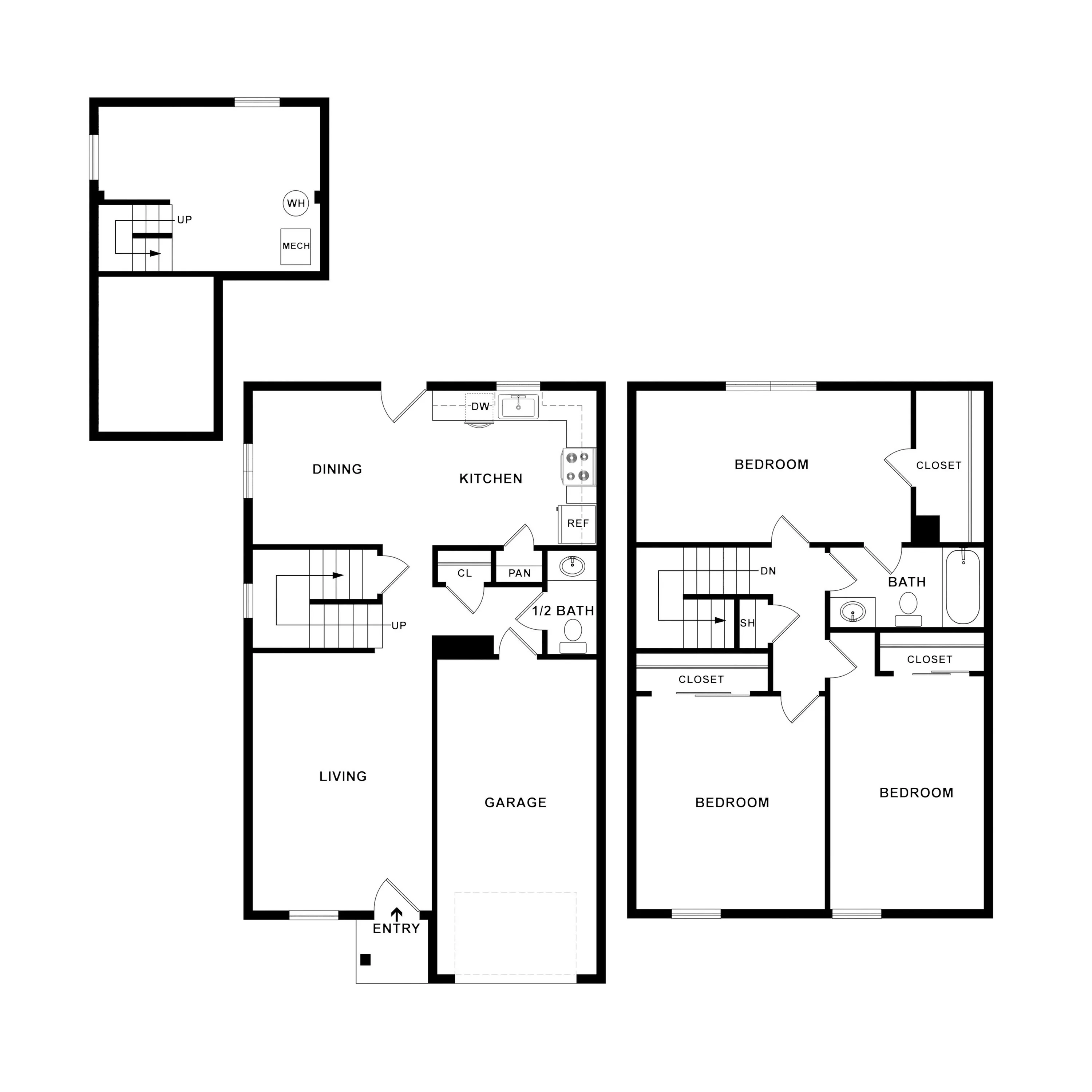 Modern multi-level floor plan featuring 3 spacious bedrooms, an open kitchen, dining and living area, and a convenient garage. Ideal for contemporary living.
