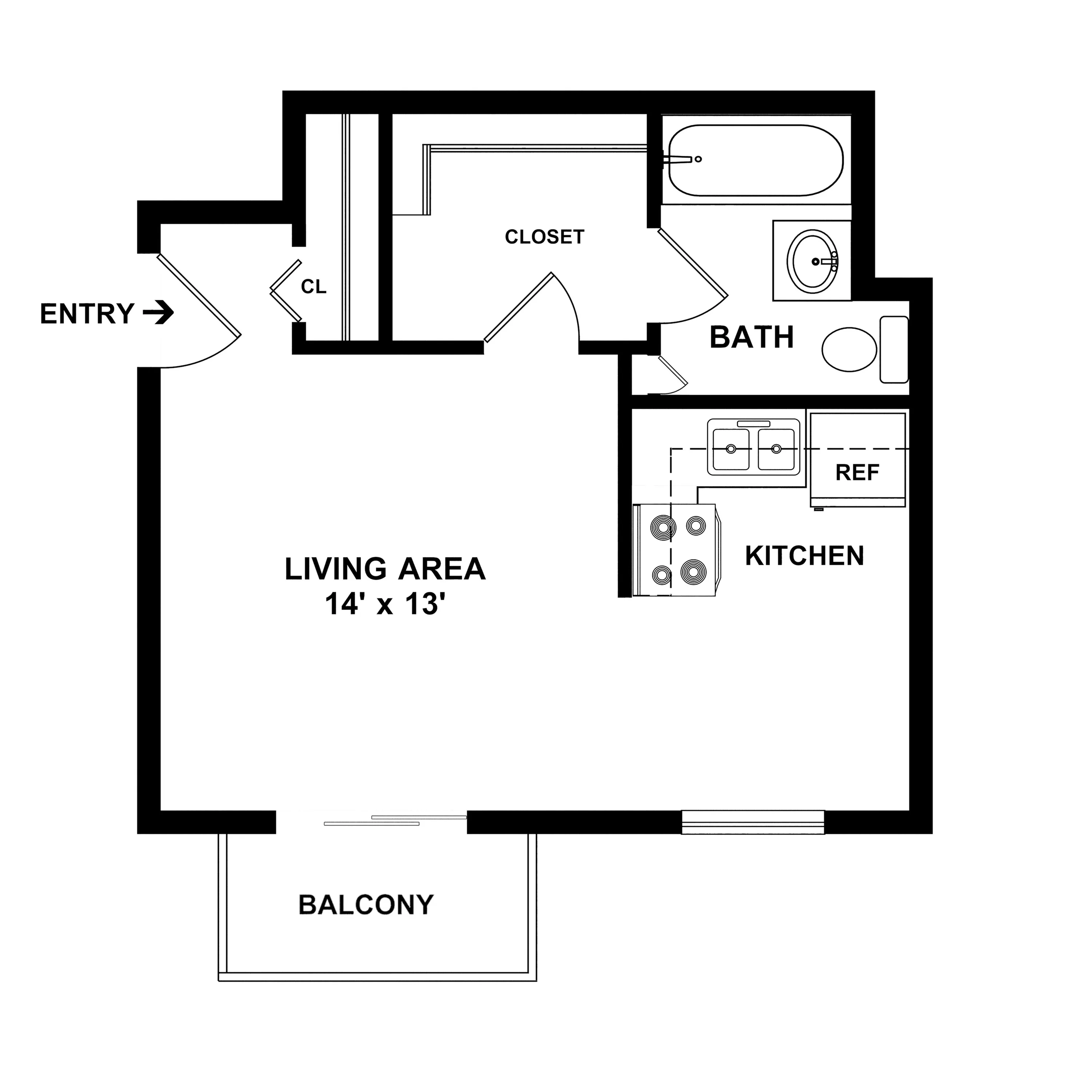 Modern studio floor plan with spacious living area, kitchen, bath, closet, and balcony.