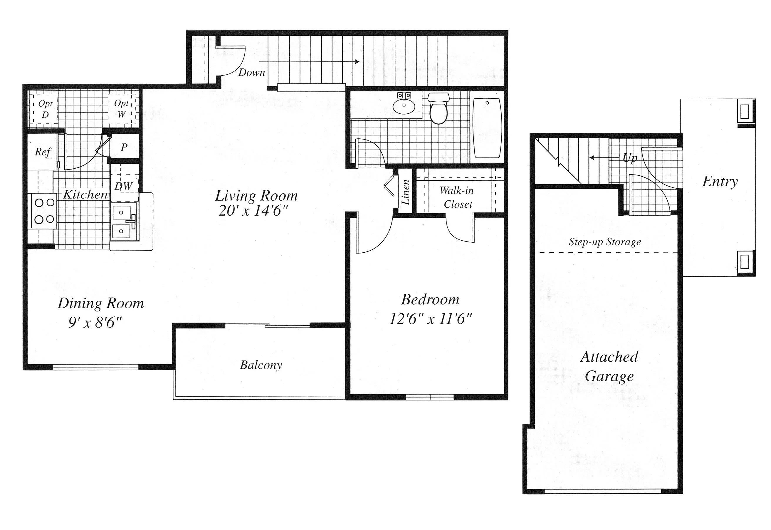 Contemporary floor plan with 1 bedroom, spacious living room, cozy dining area, modern kitchen, and attached garage.
