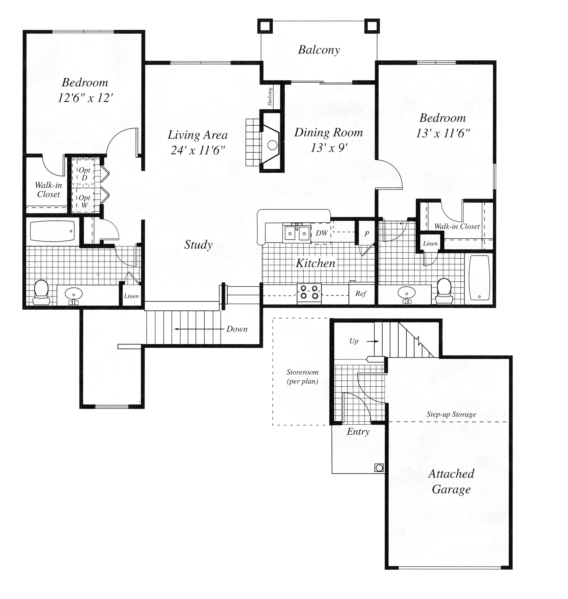 Elegant floor plan featuring 2 spacious bedrooms with walk-in closets, a stylish living area, a modern kitchen, dining room, study, and a balcony. Includes an attached garage and ample storage space.