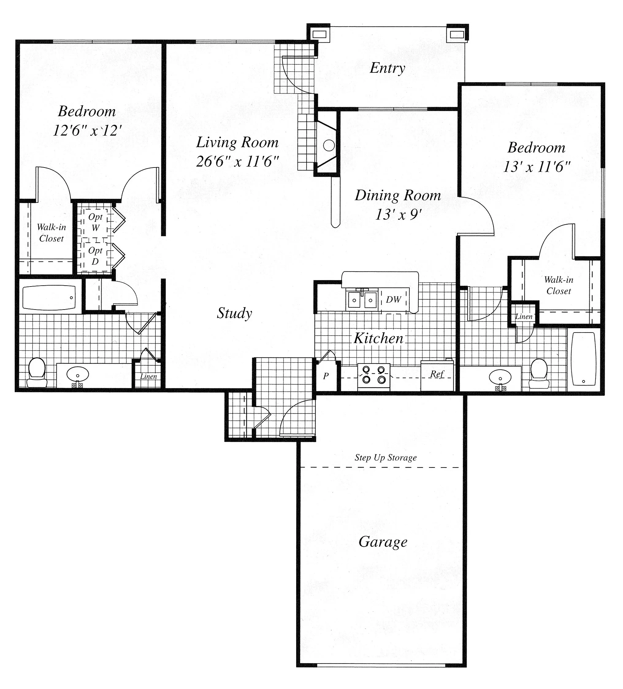 Modern floor plan featuring 2 spacious bedrooms, a bright living room, functional study, and open kitchen layout with adjoining dining room, plus a convenient garage.