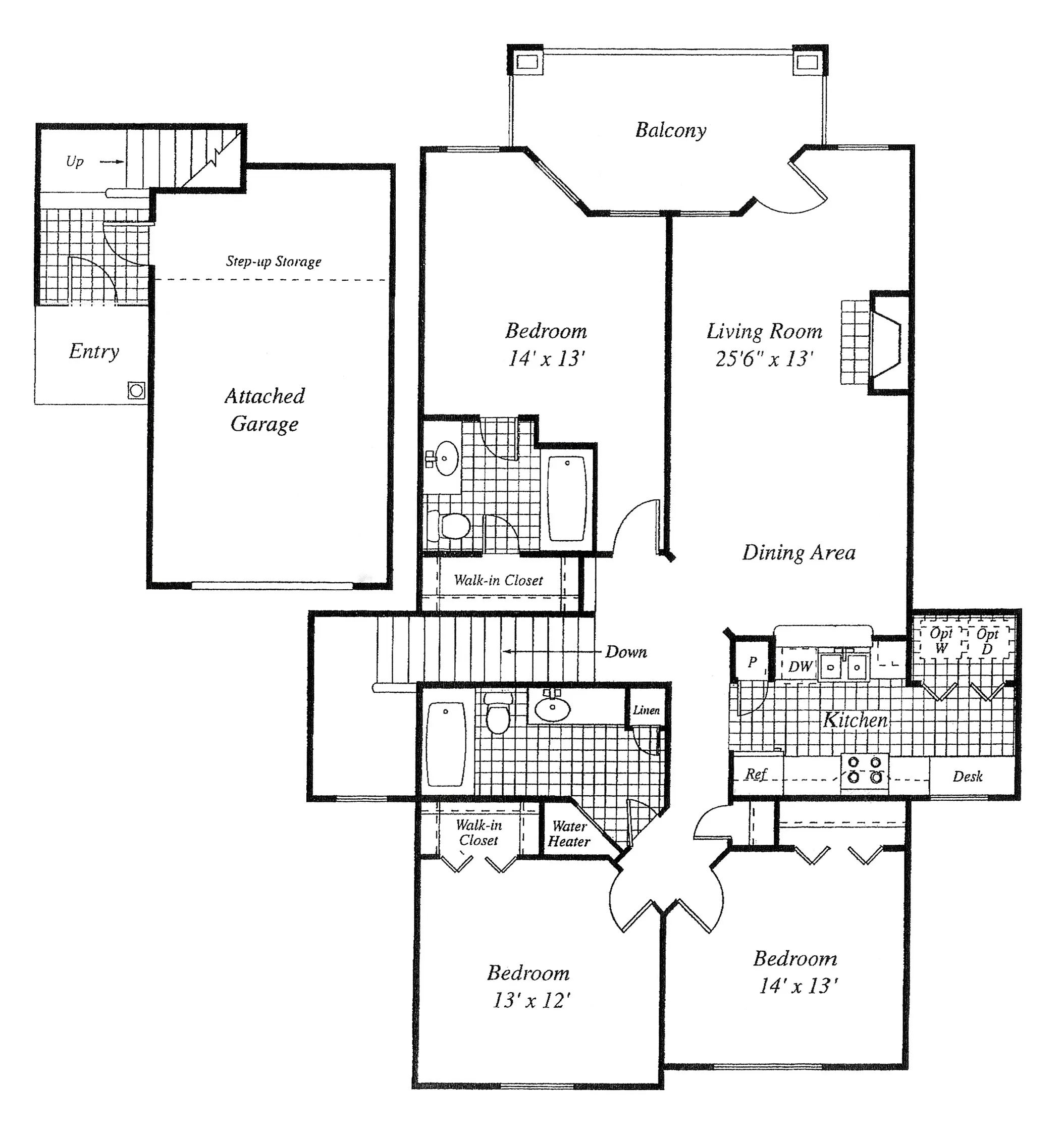 Elegant floor plan illustrating three bedrooms, a spacious living room with a balcony, modern kitchen, dining area, attached garage, and ample storage in a beautifully organized layout.