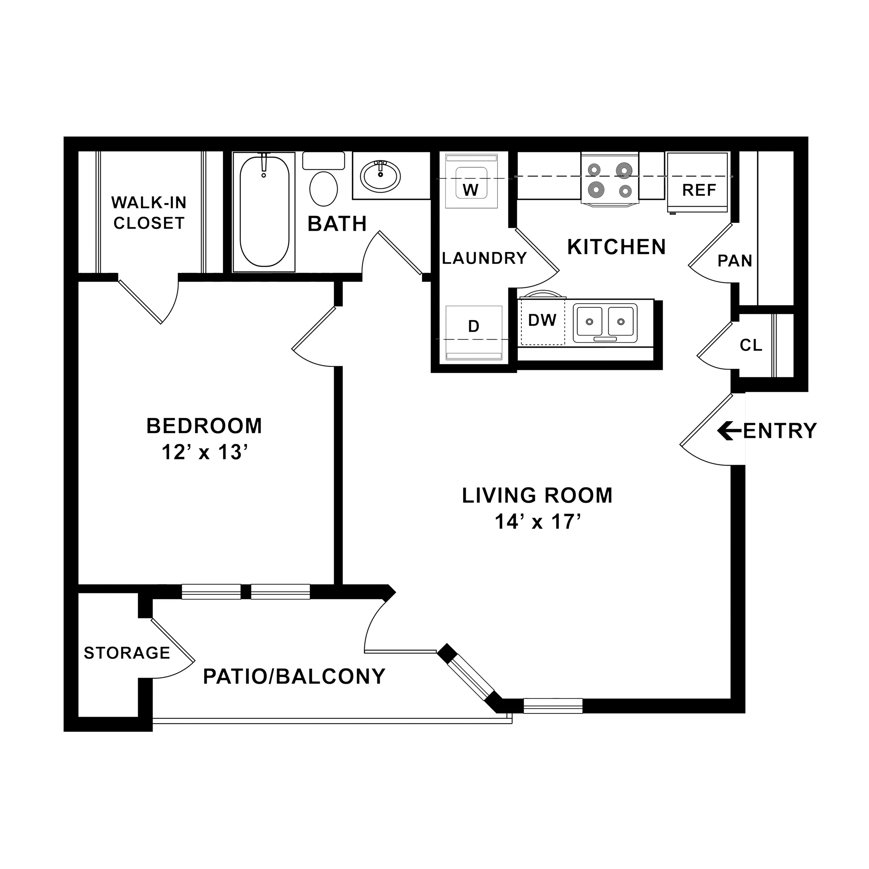 Inviting floor plan featuring a spacious 1-bedroom with walk-in closet, expansive living room, modern kitchen, and a patio balcony.