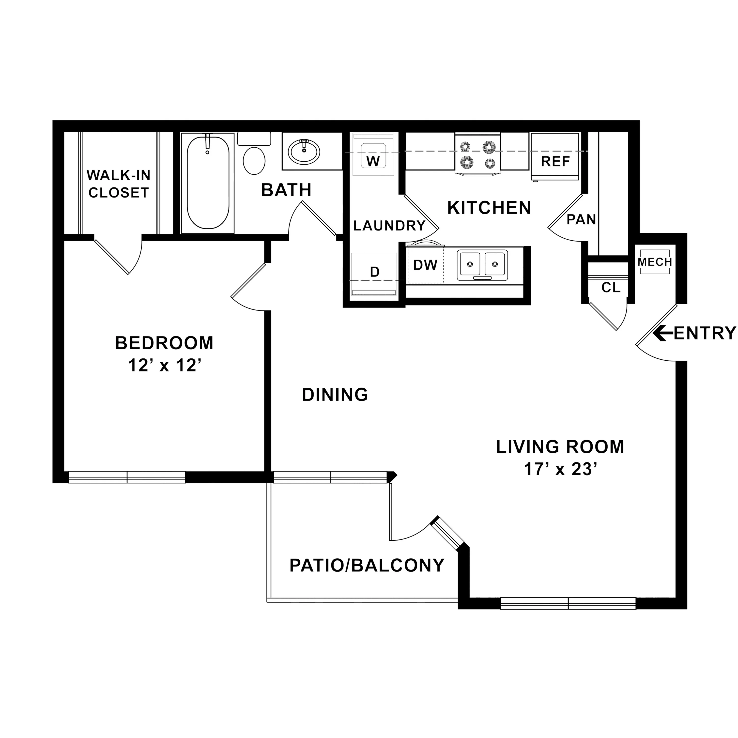 Inviting floor plan featuring a spacious 12\' x 12\' bedroom with walk-in closet, open living and dining area leading to a patio, modern kitchen, and in-unit laundry.
