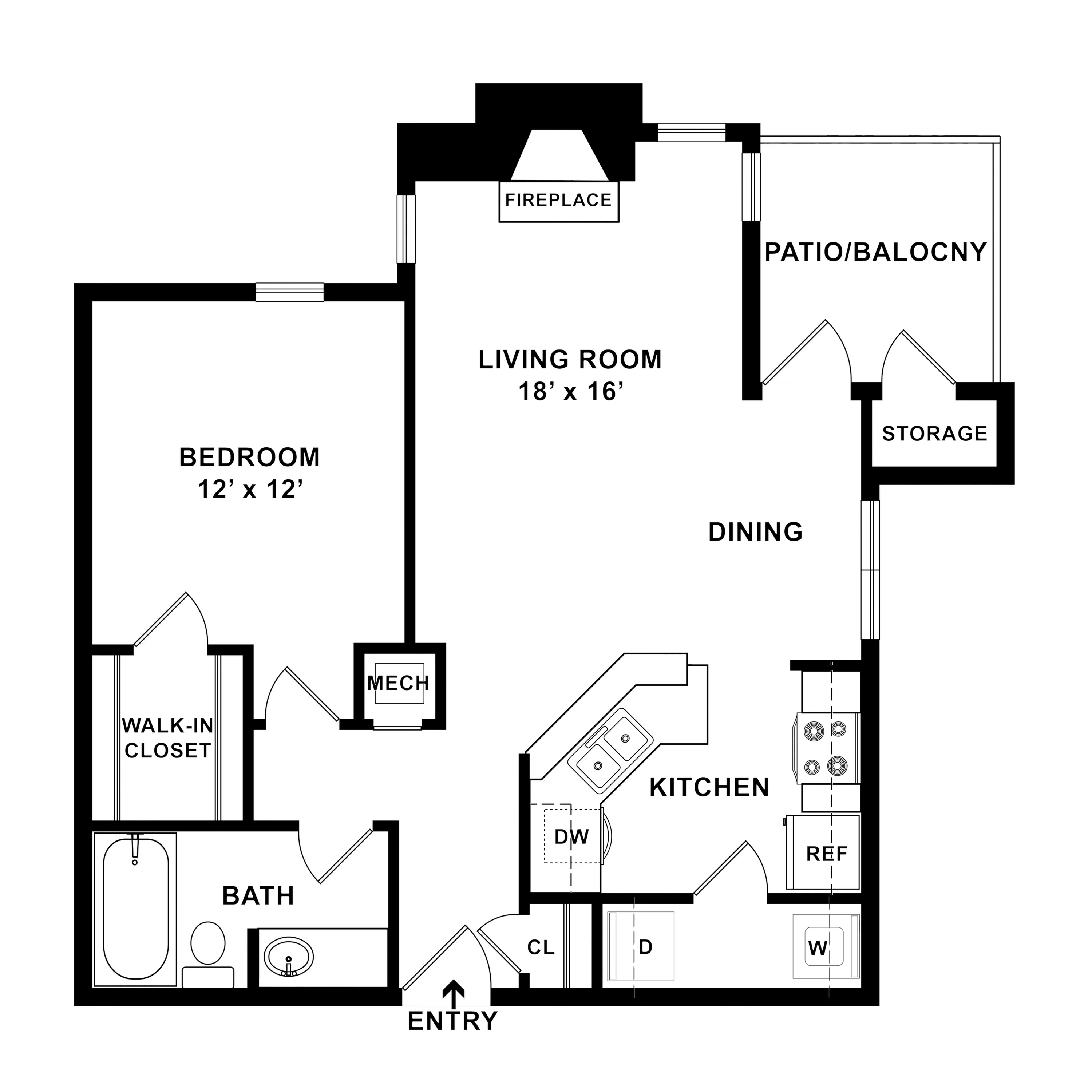 Spacious floor plan featuring 1 bedroom with walk-in closet, expansive living room with fireplace, modern kitchen, dining area, and patio access with storage.