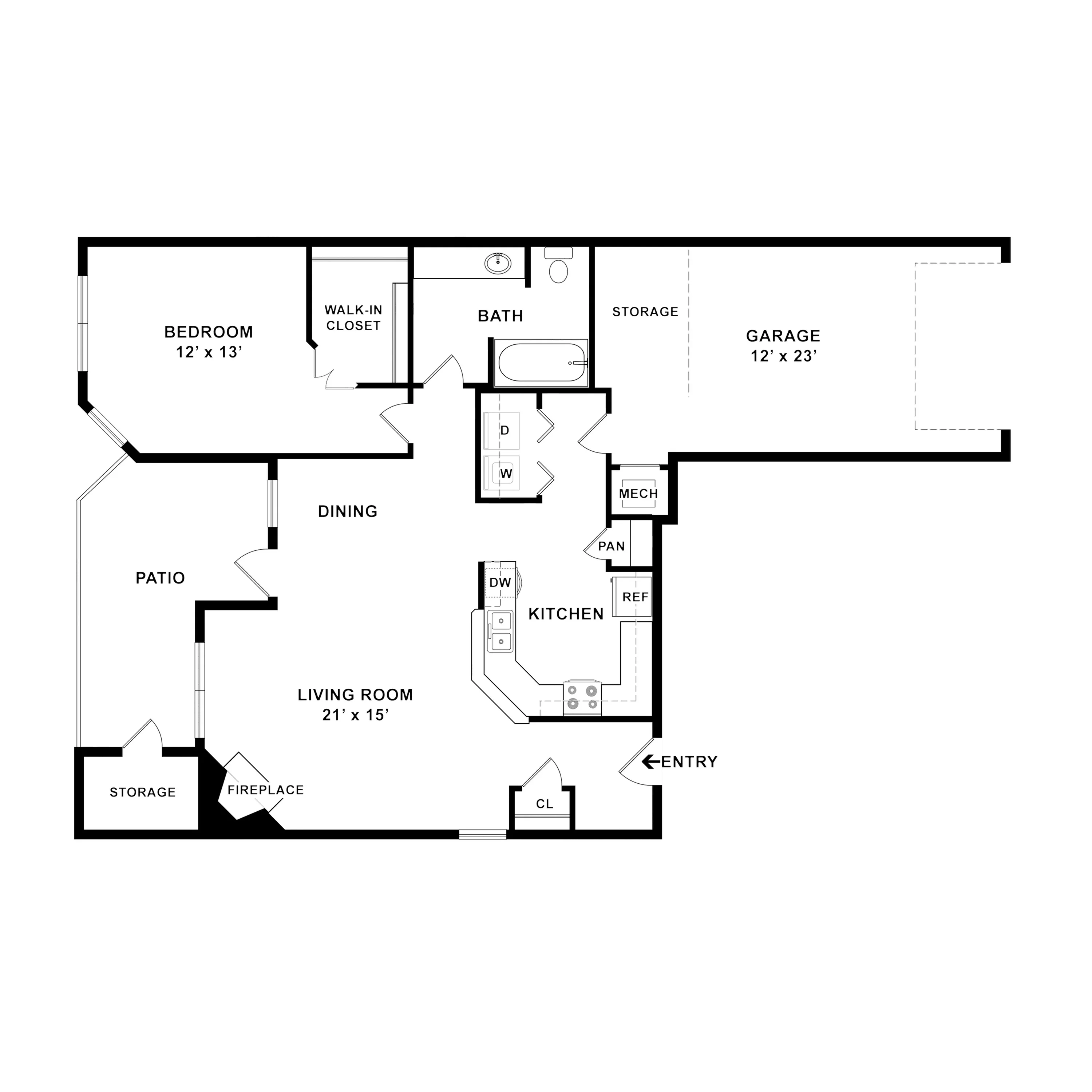 Contemporary floor plan showcasing 1 bedroom, spacious living room with fireplace, open dining area, modern kitchen, attached garage, and inviting patio.