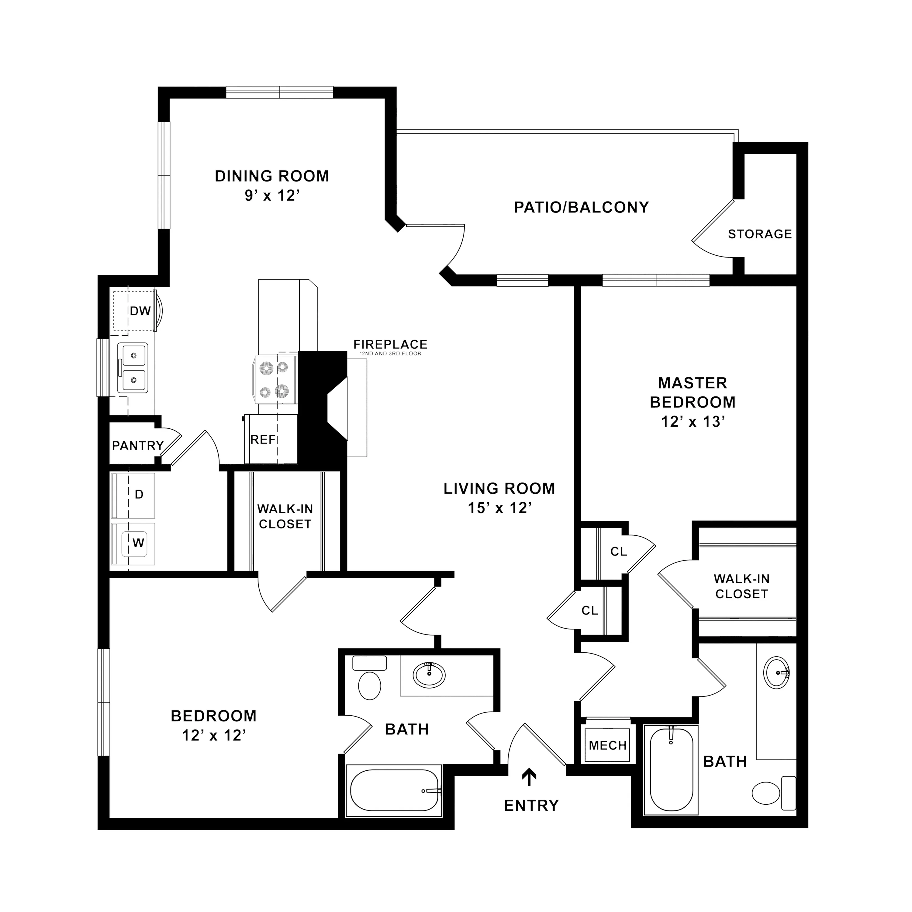 Modern floor plan featuring a spacious living room with fireplace, master suite, additional bedroom, two bathrooms, and an open dining area with access to a patio/balcony.