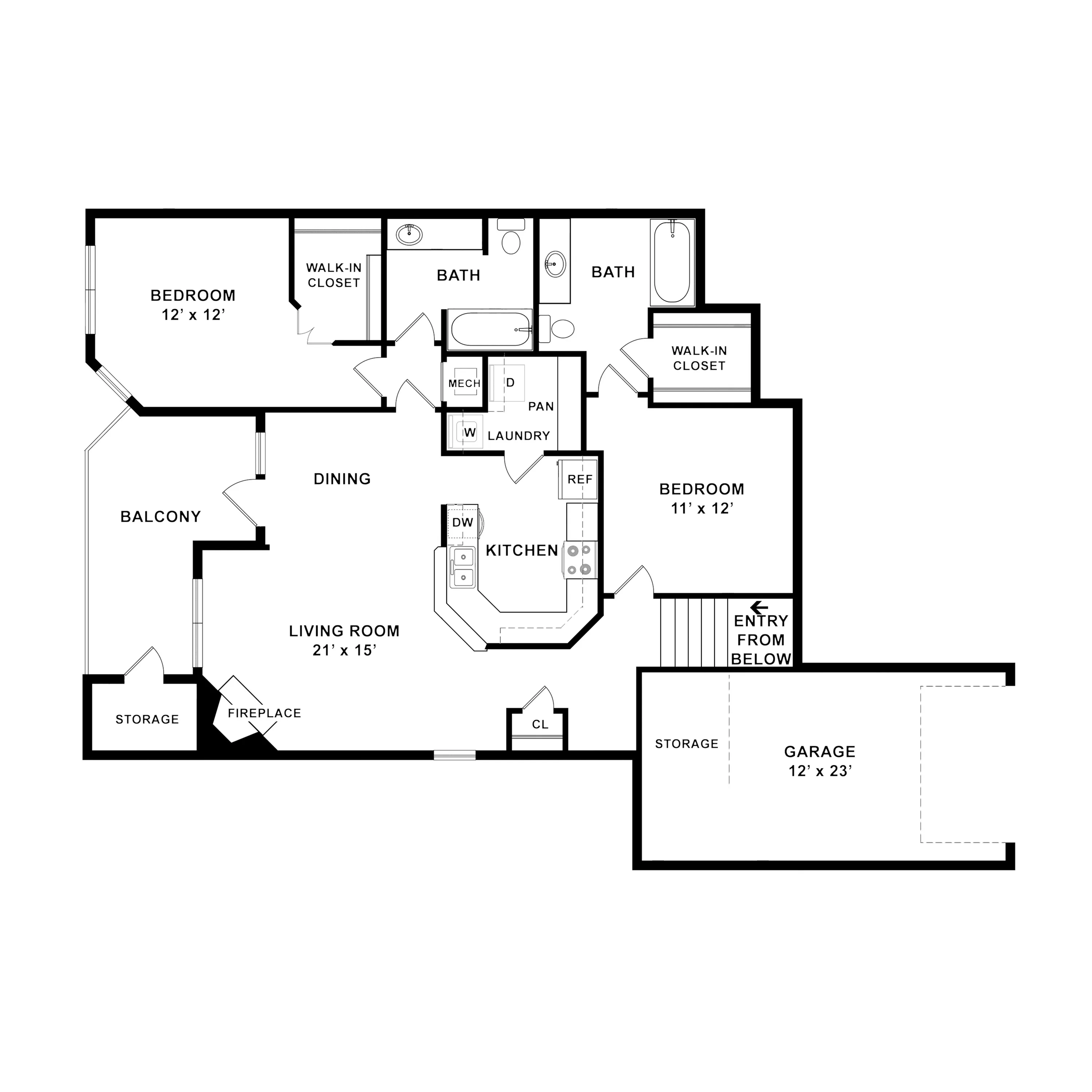 Elegant 2-bedroom floor plan featuring a spacious living room with fireplace, modern kitchen, dining area, and balcony with storage. Includes two bathrooms, laundry area, and convenient garage access.