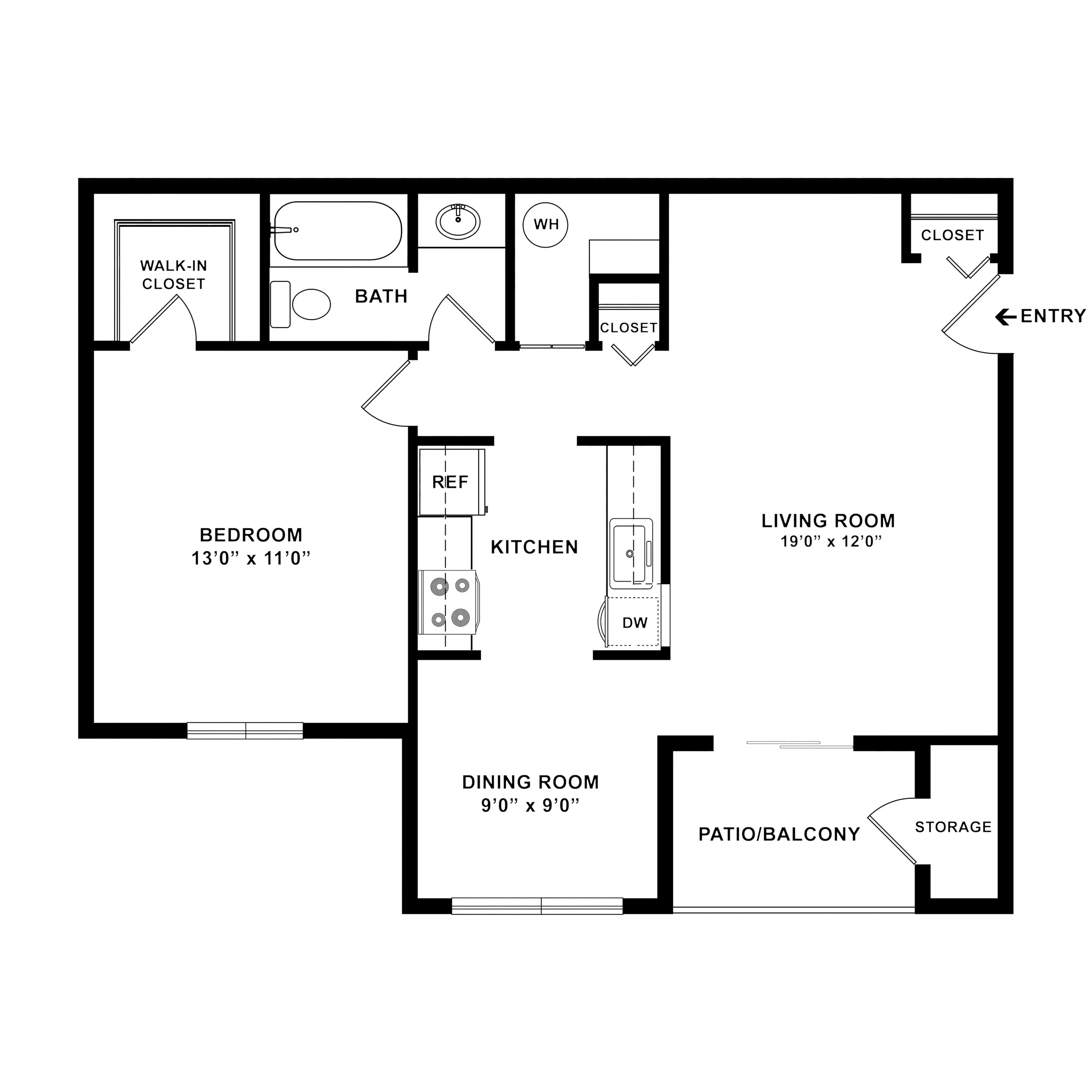 Modern floor plan featuring a spacious 1-bedroom, open-concept living room, kitchen with dining area, and a patio/balcony for outdoor relaxation.
