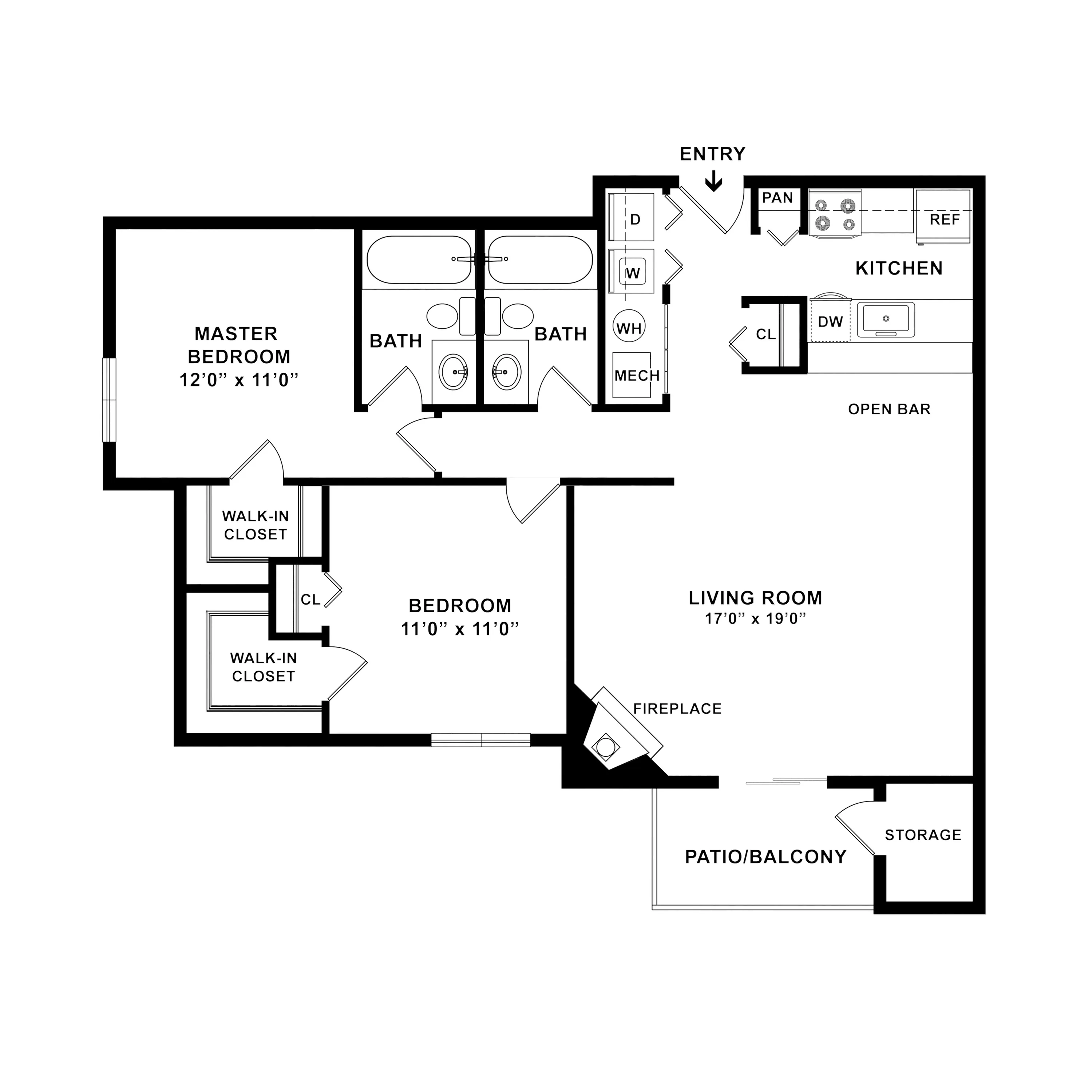 Modern floor plan showcasing a spacious living room with a fireplace, two cozy bedrooms with walk-in closets, an open-concept kitchen with bar, two bathrooms, and a private patio balcony.