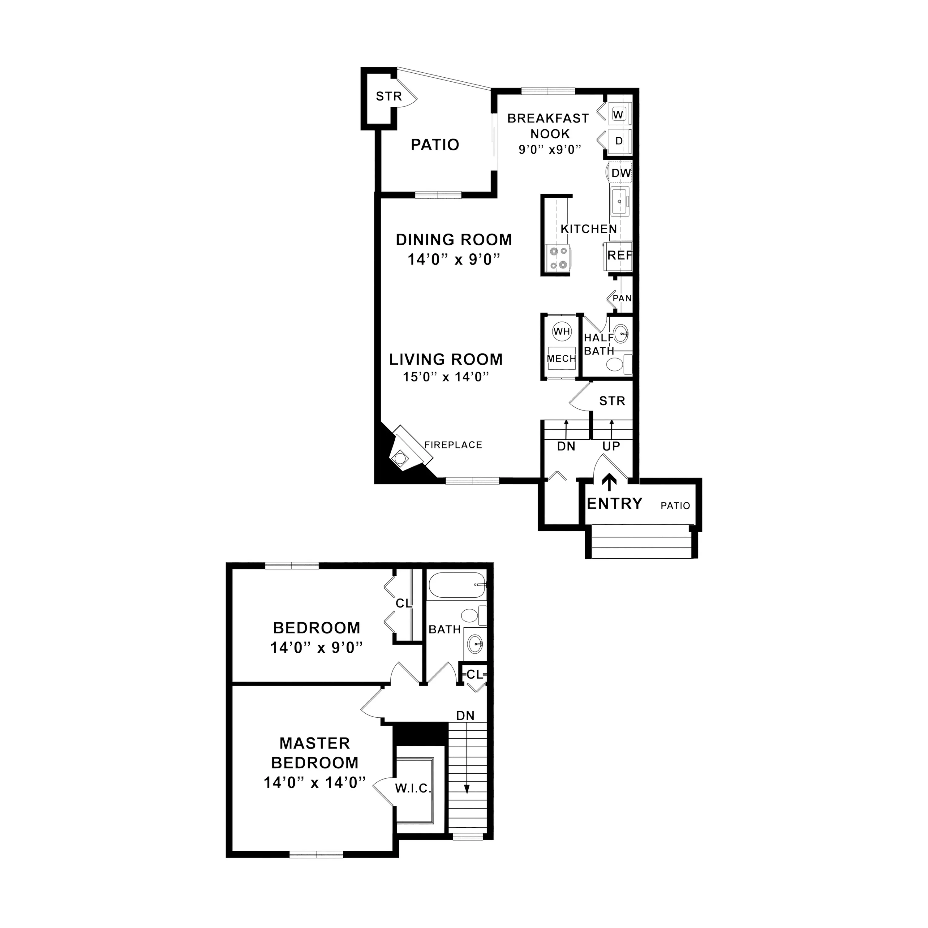 Charming two-story floor plan featuring a spacious living room with fireplace, dining area, and modern kitchen on the first level, alongside two cozy bedrooms with baths on the upper level, complete with a private patio.