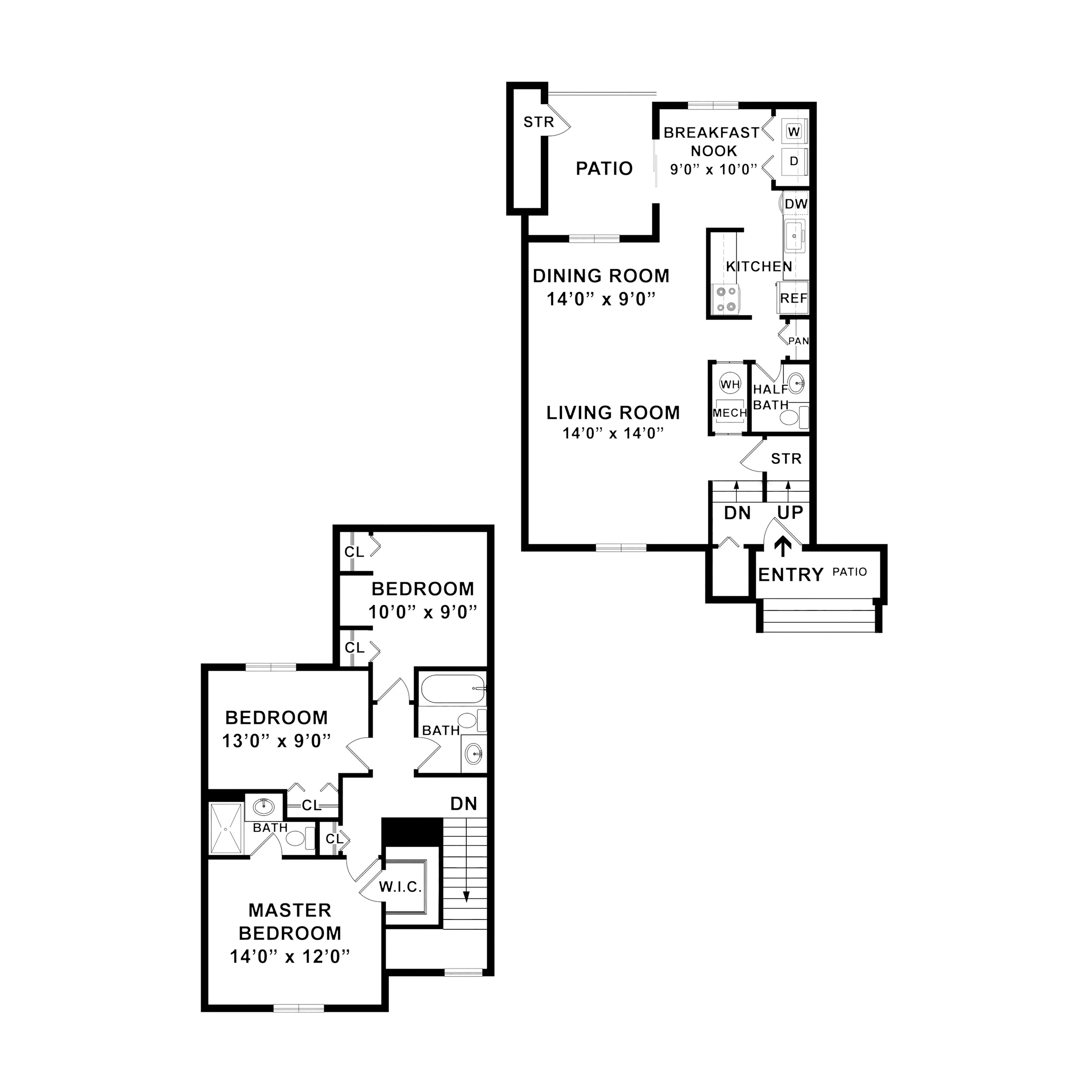 Elegant two-level floor plan showcasing 3 bedrooms, spacious living room, dining area, and kitchen. Features a charming patio, breakfast nook, and master suite with walk-in closet.