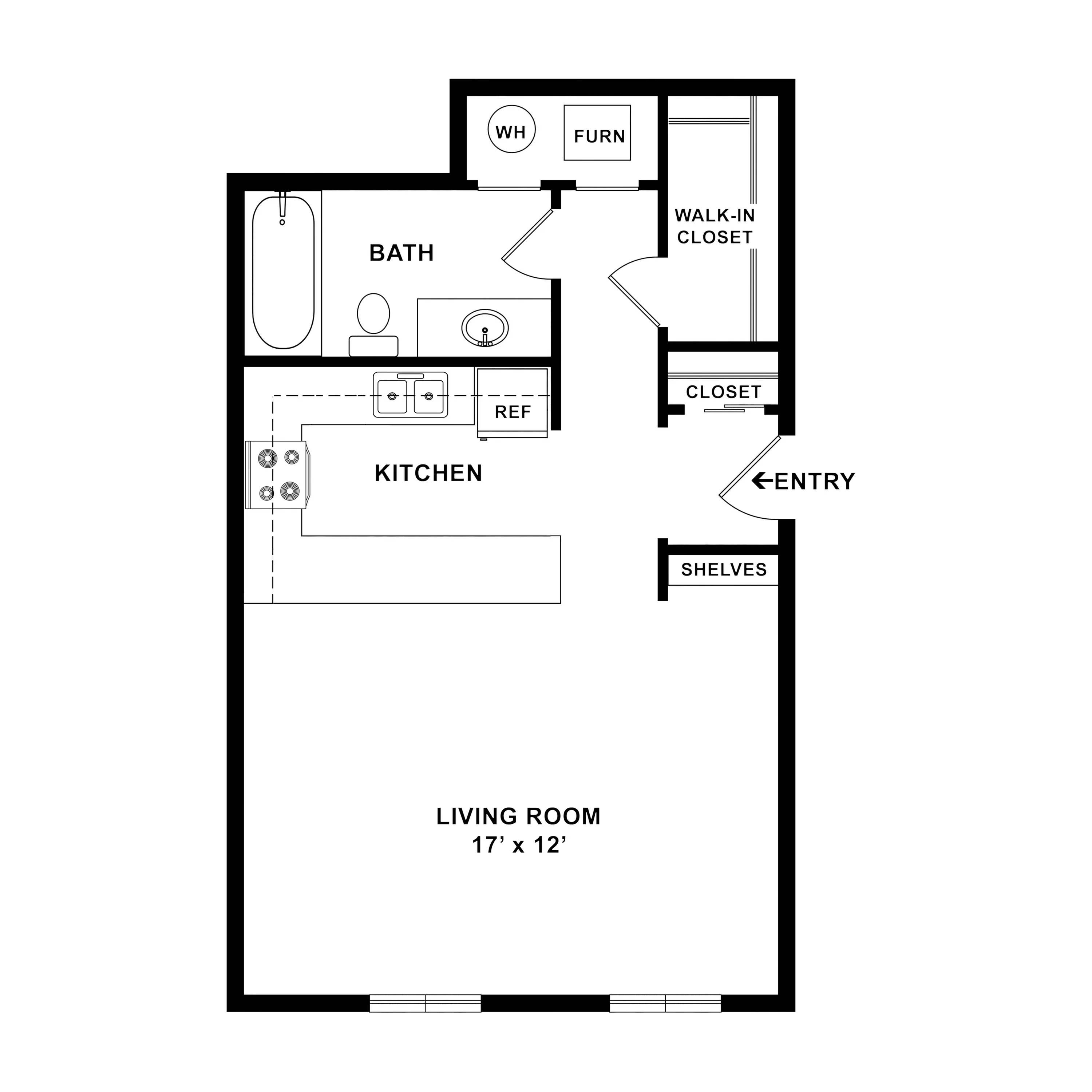 Modern apartment floor plan featuring an open-concept kitchen, spacious living room, a full bath, walk-in closet, and additional storage areas.