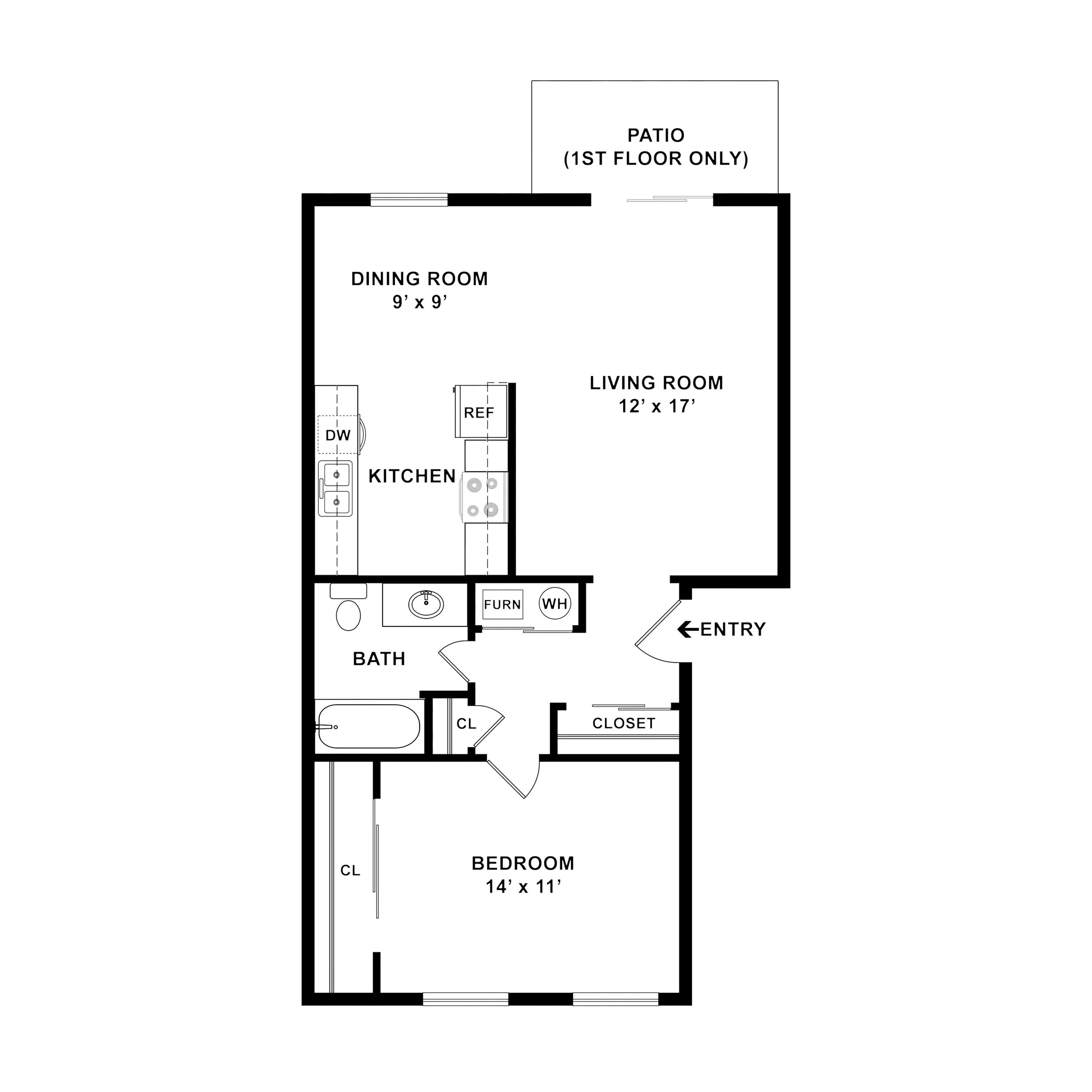 Charming 1-bedroom apartment floor plan with spacious living room, dining room, and exclusive patio.