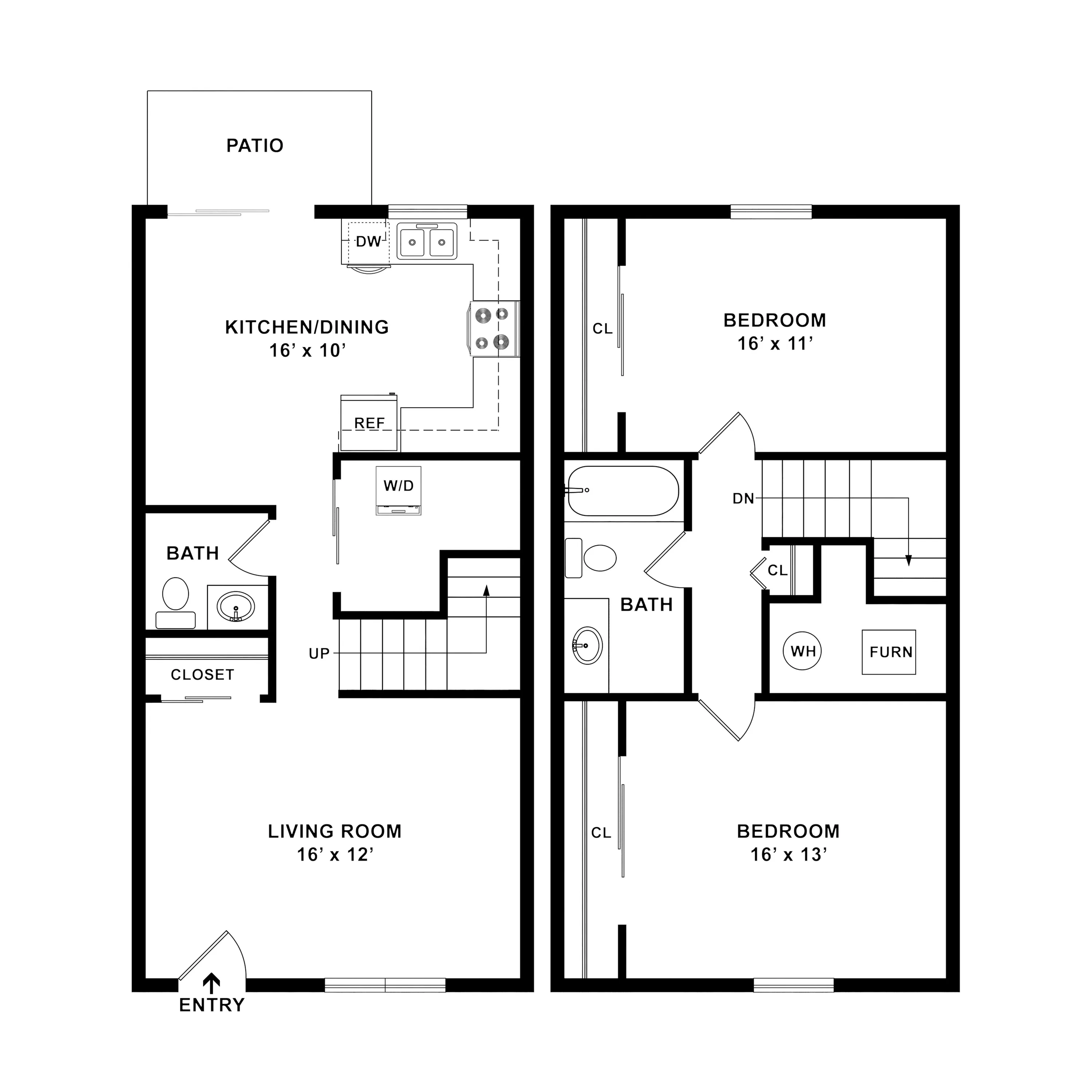 Modern two-story floor plan featuring a spacious living room, open kitchen with patio access, and two large bedrooms.