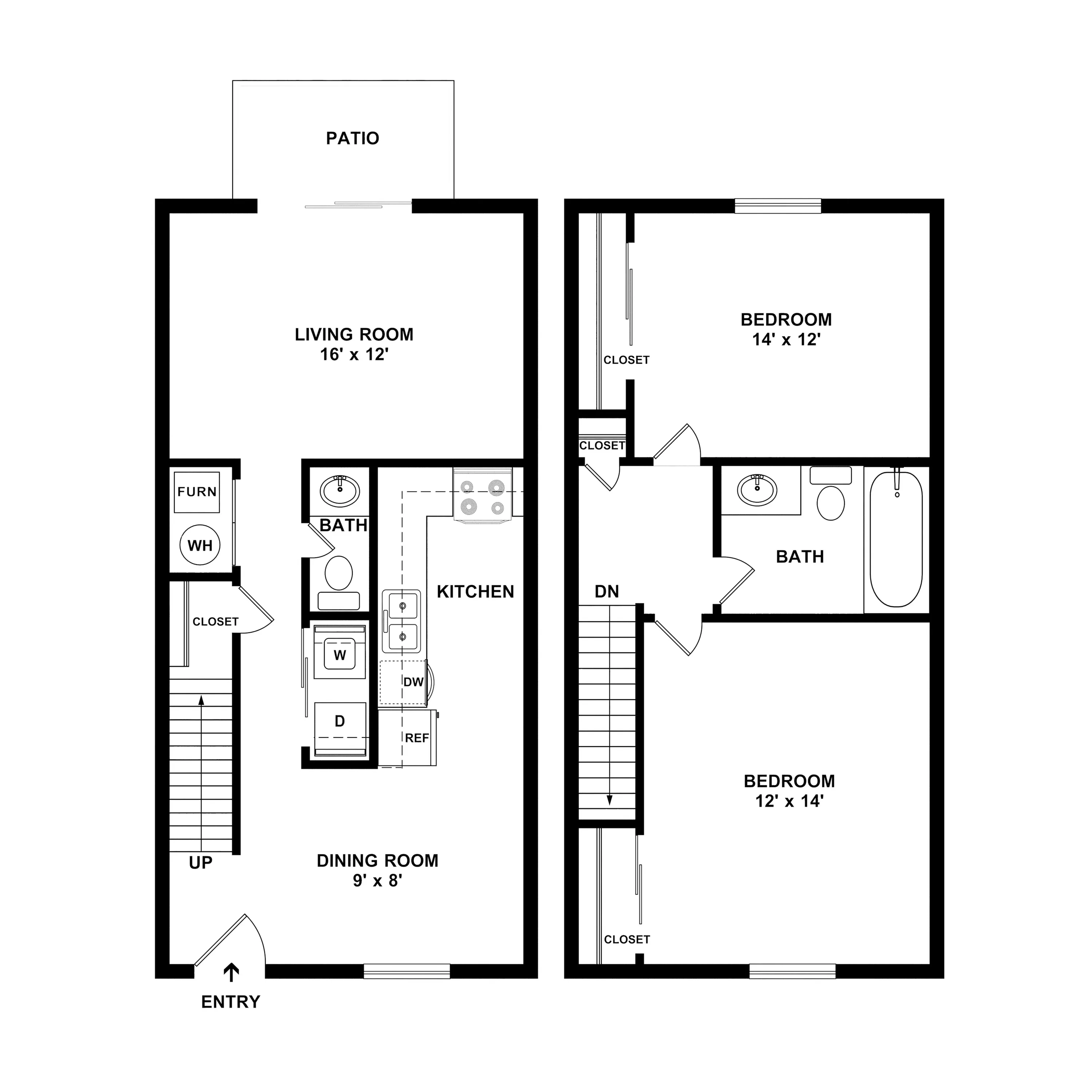 Spacious floor plan showcasing a two-story layout with two bedrooms, a modern kitchen, and a cozy living room opening to a patio.