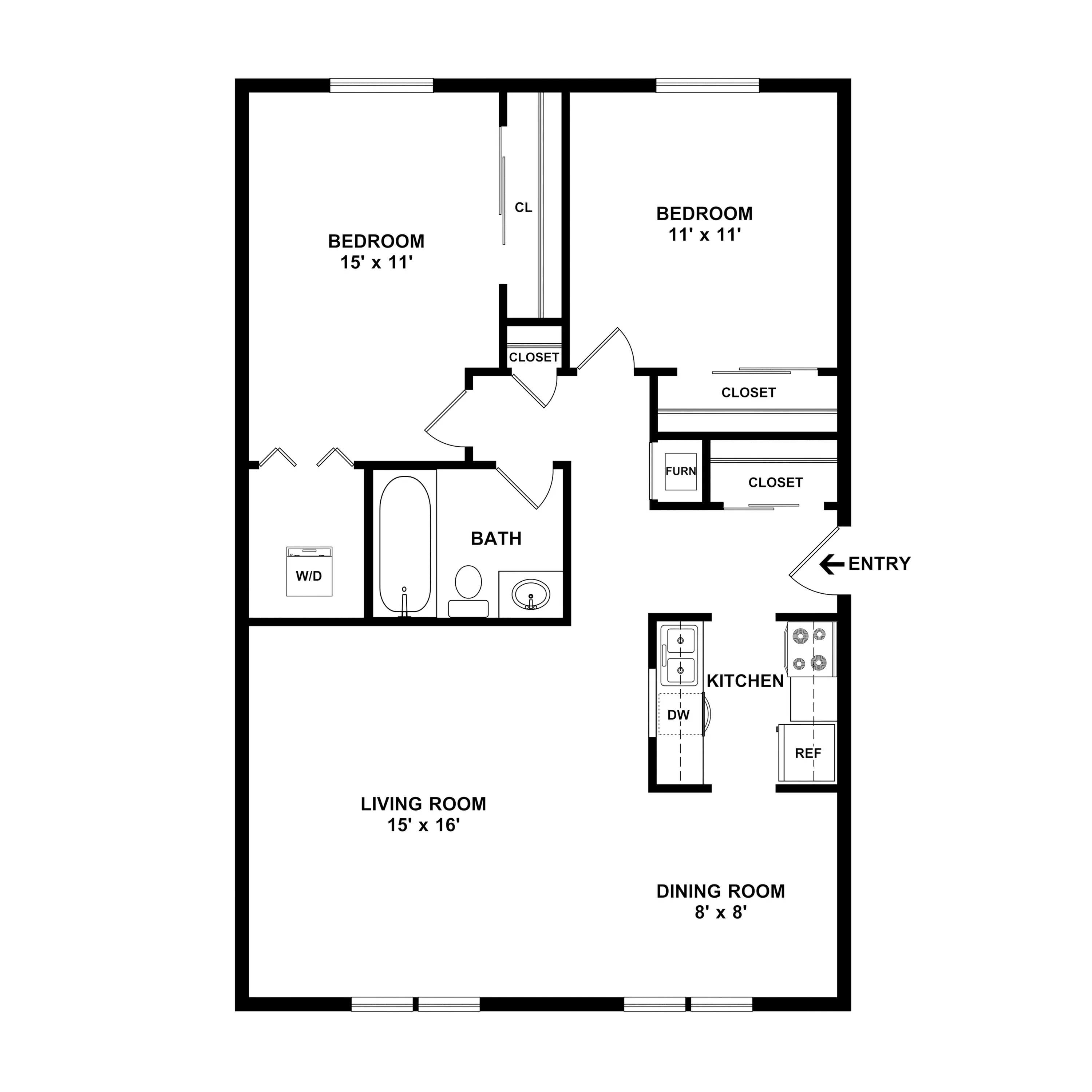 Modern floor plan featuring 2 spacious bedrooms, elegant living room, fully equipped kitchen, and a cozy dining area.
