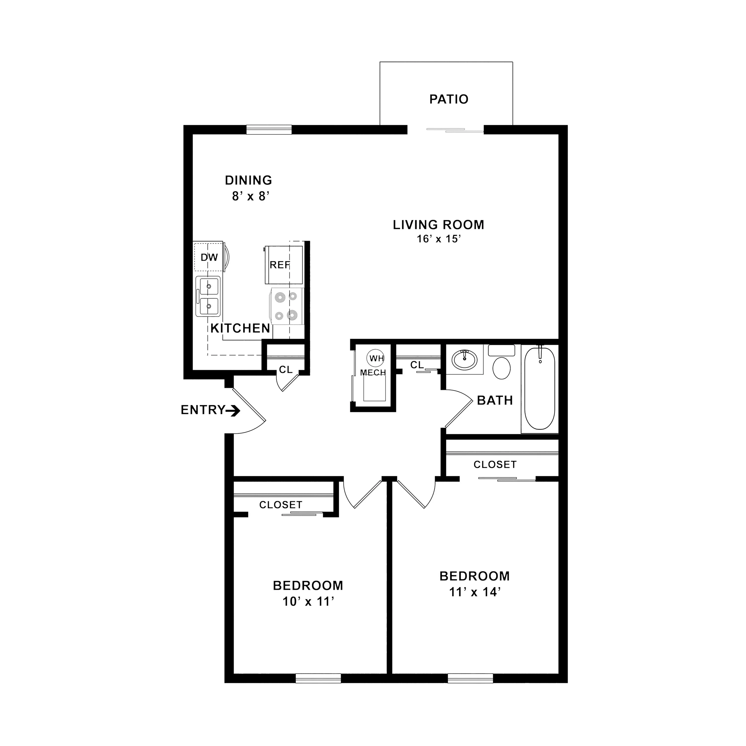 Modern floor plan showcasing 2 bedrooms, spacious living room, kitchen with dining area, and a private patio.