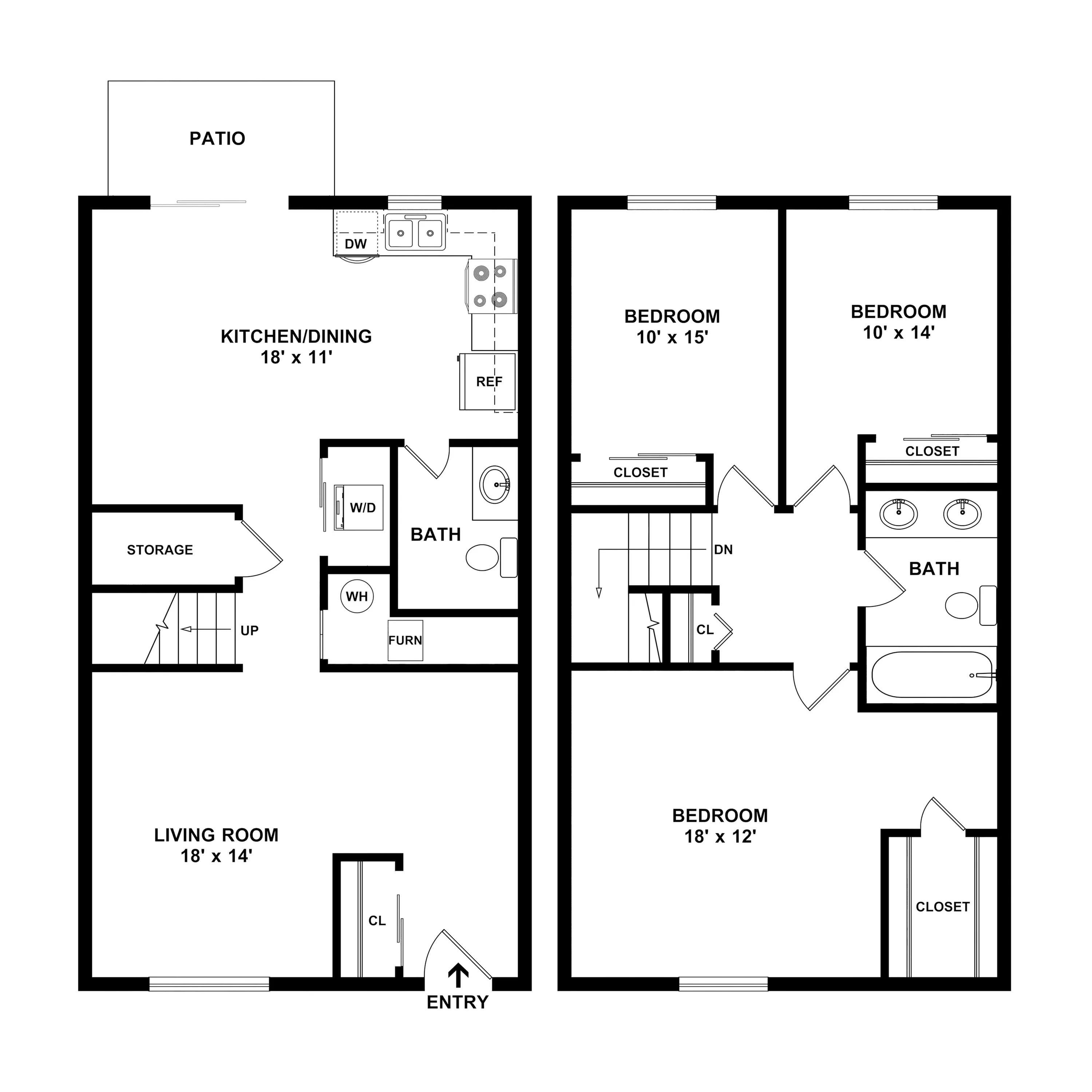 Charming two-story floor plan featuring three spacious bedrooms, inviting patio, modern kitchen with dining area, ample storage, and cozy living room.