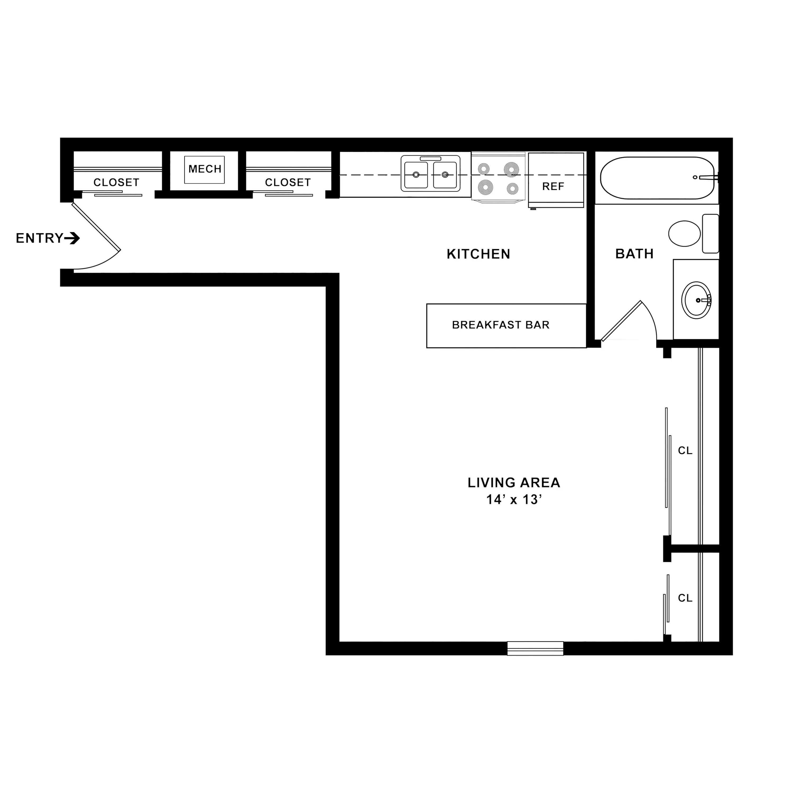Modern L-shaped floor plan featuring a cozy living area with 14\'x13\' space, an efficient kitchen with breakfast bar, and convenient bath area.