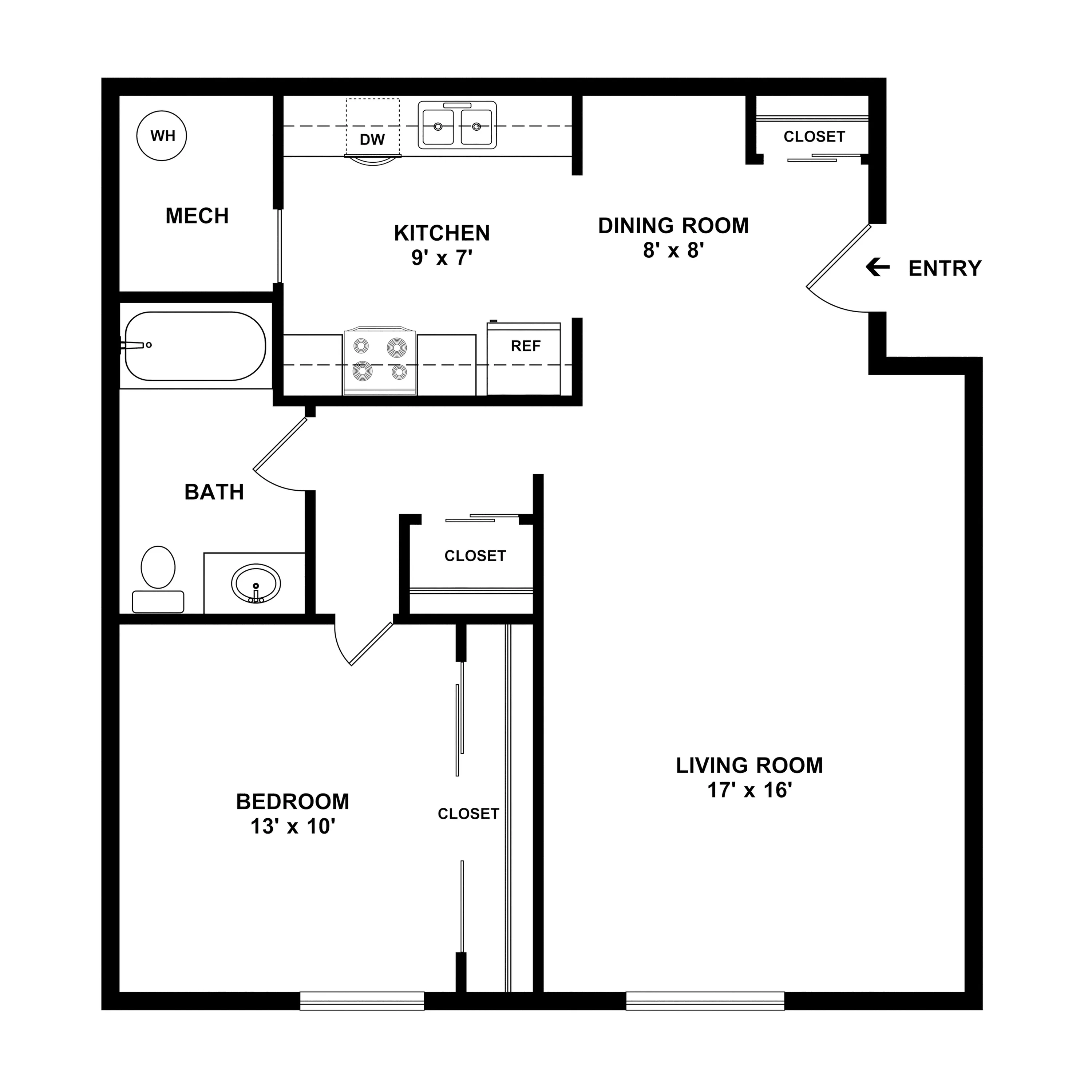 Elegant floor plan with 1 bedroom, spacious living room, modern kitchen, and dining area. Ideal for comfortable living.