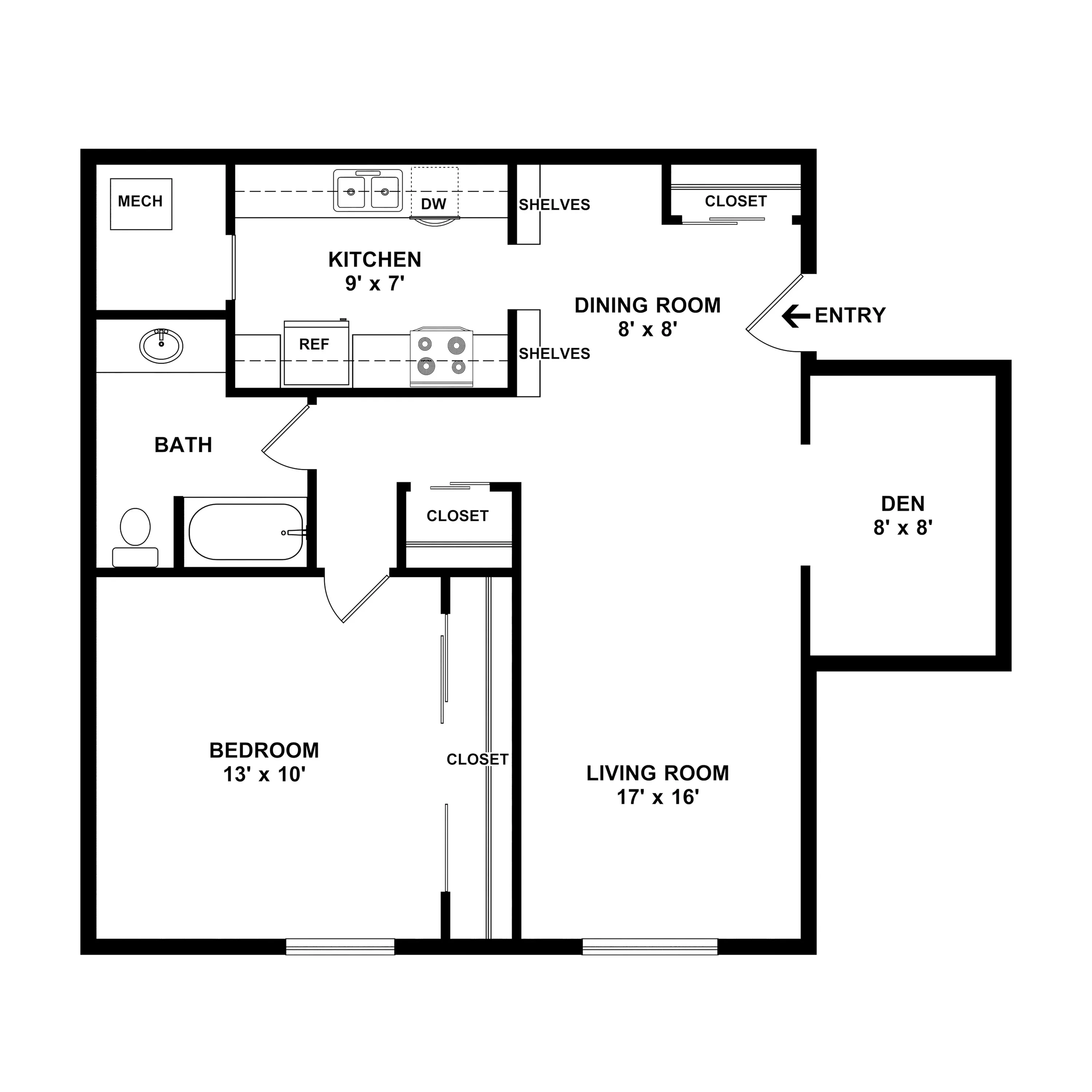 Modern floor plan highlighting a spacious living room, cozy bedroom, kitchen with dining area, versatile den, and a full bath.