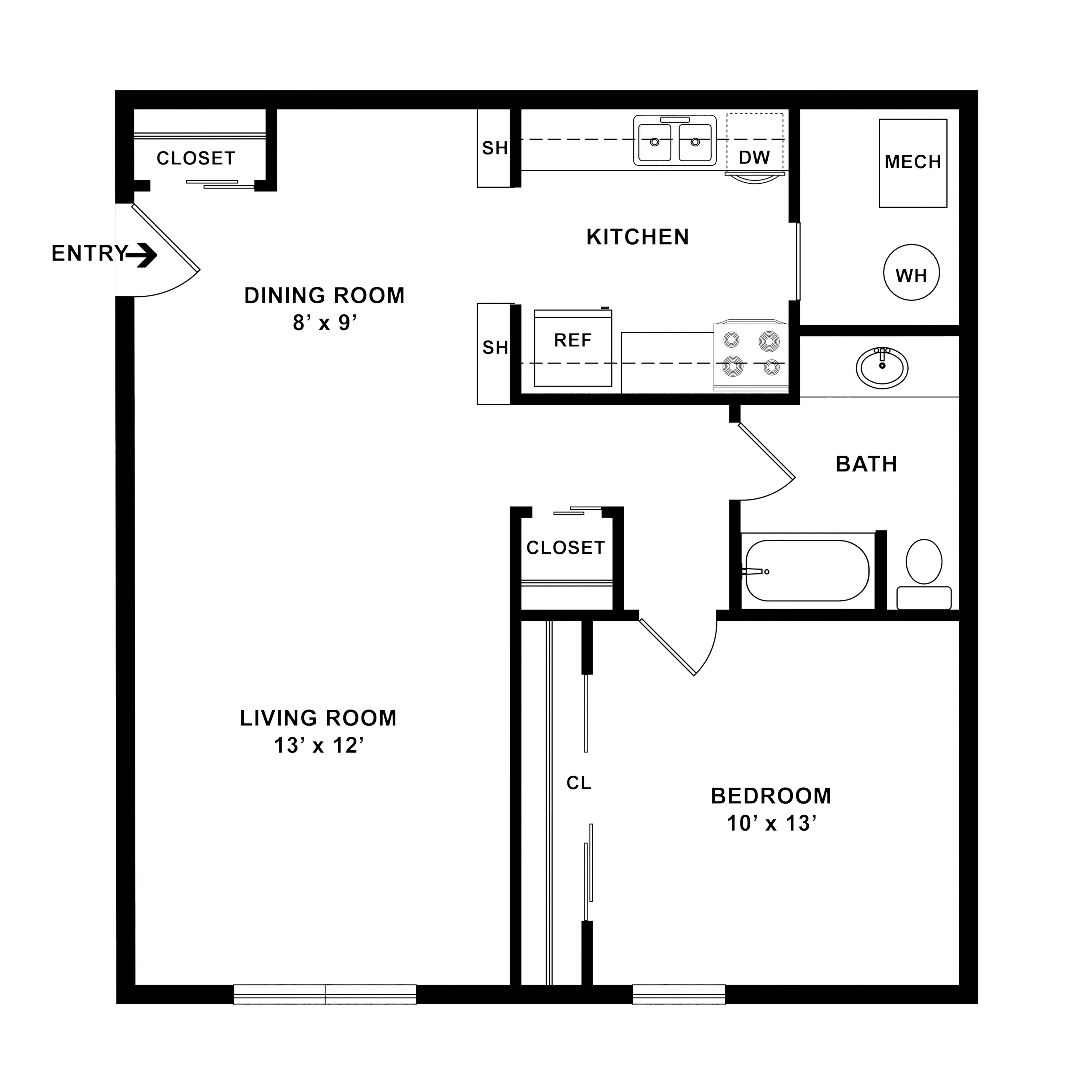 Efficiently designed floor plan featuring one bedroom, a cozy living room, and a modern kitchen with ample storage.