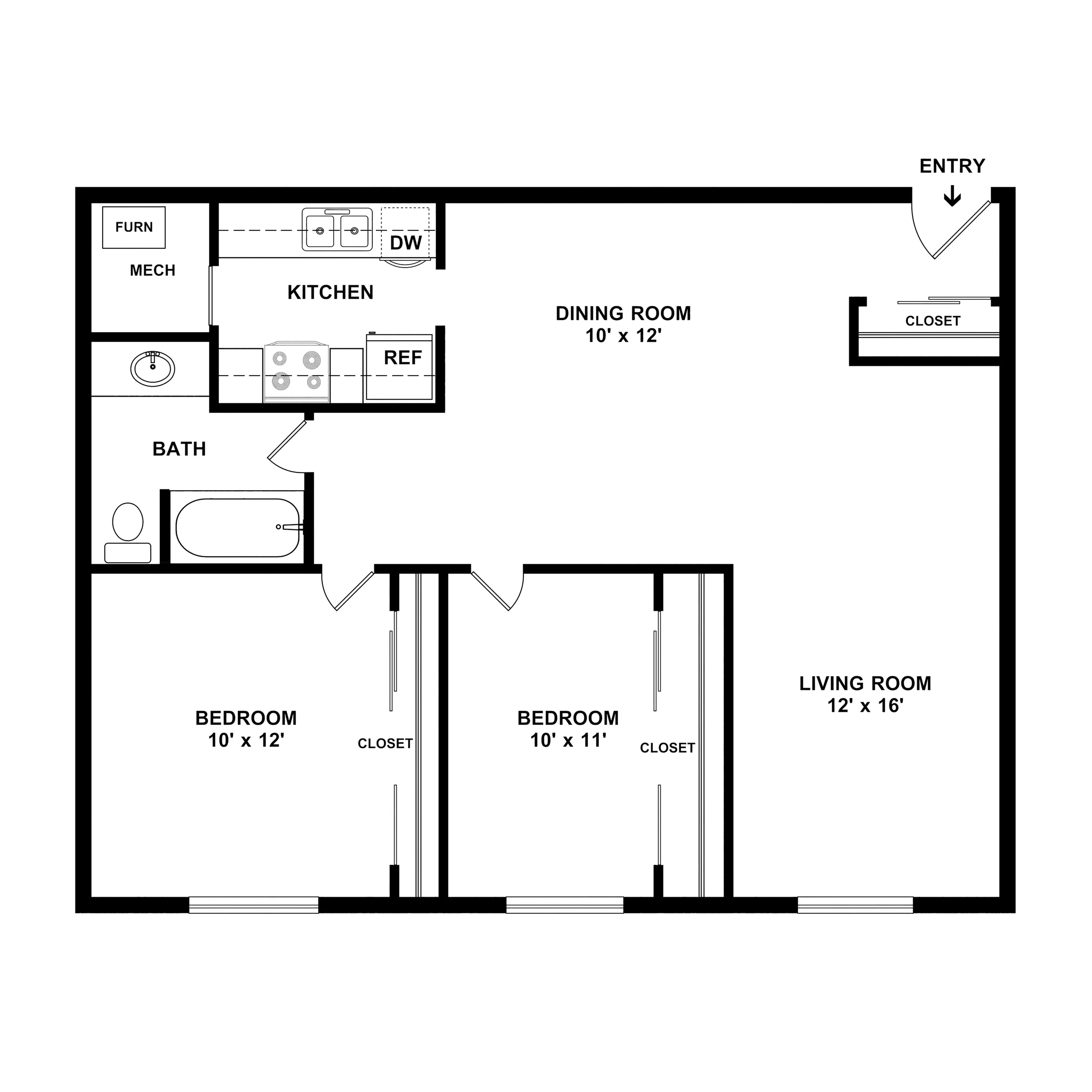 Modern floor plan featuring two spacious bedrooms with closets, a cozy living room, a functional dining area, and a well-equipped kitchen.