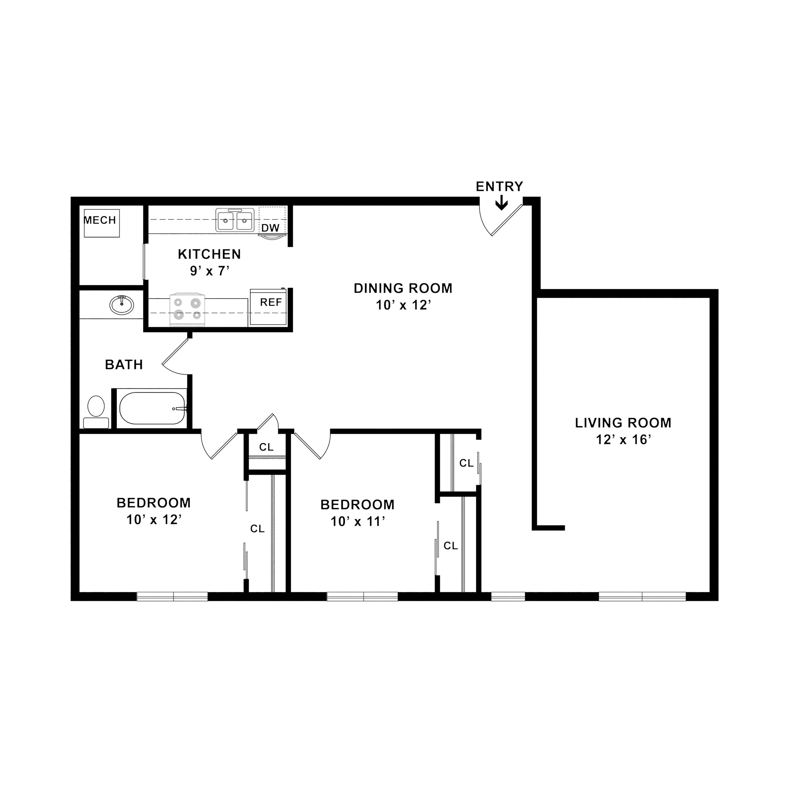 Charming 2-bedroom apartment floor plan featuring a spacious living room, cozy dining area, and a modern kitchen, perfect for comfortable living.