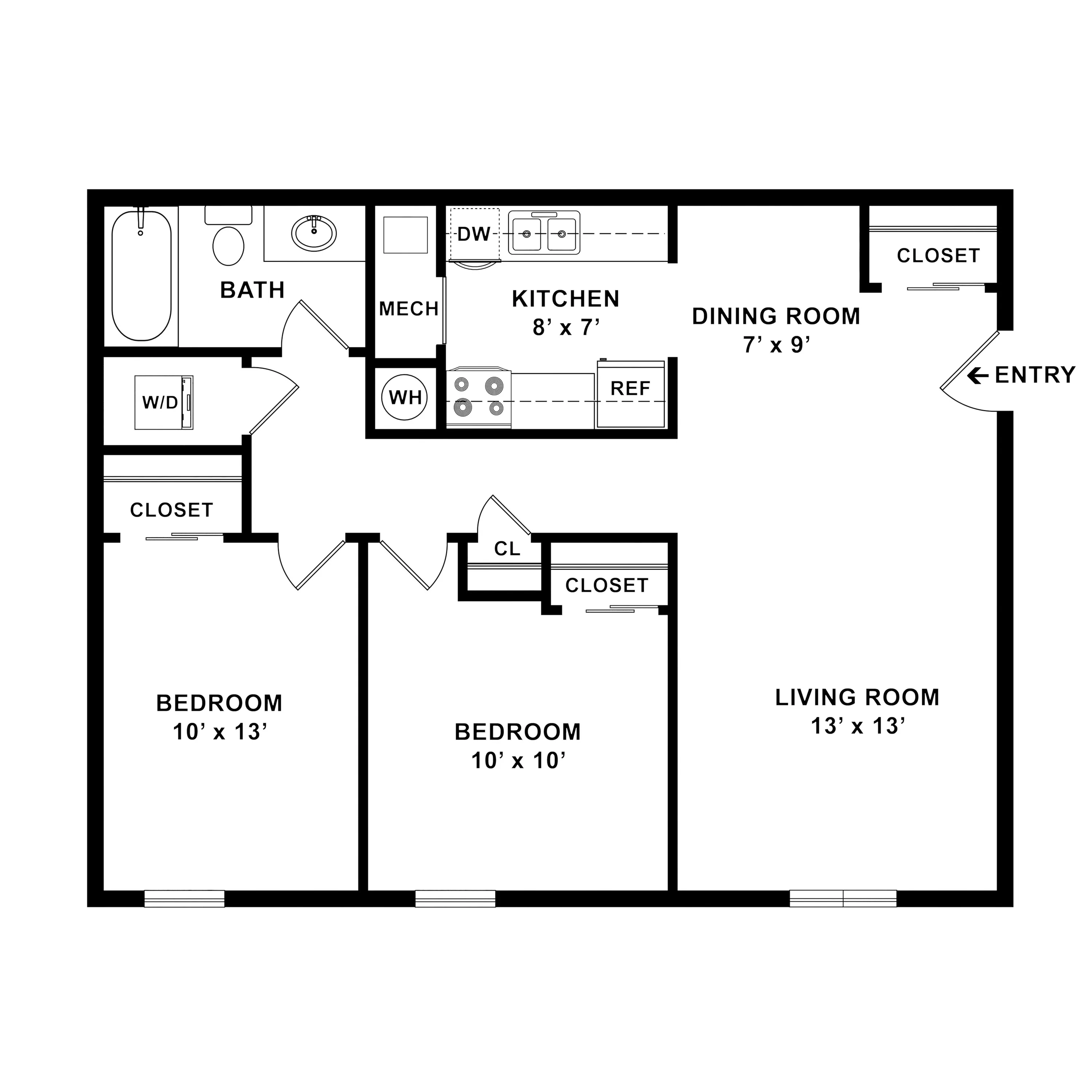 Modern floor plan showcasing 2 bedrooms, spacious living room, and efficient kitchen design. Ideal for comfortable living.