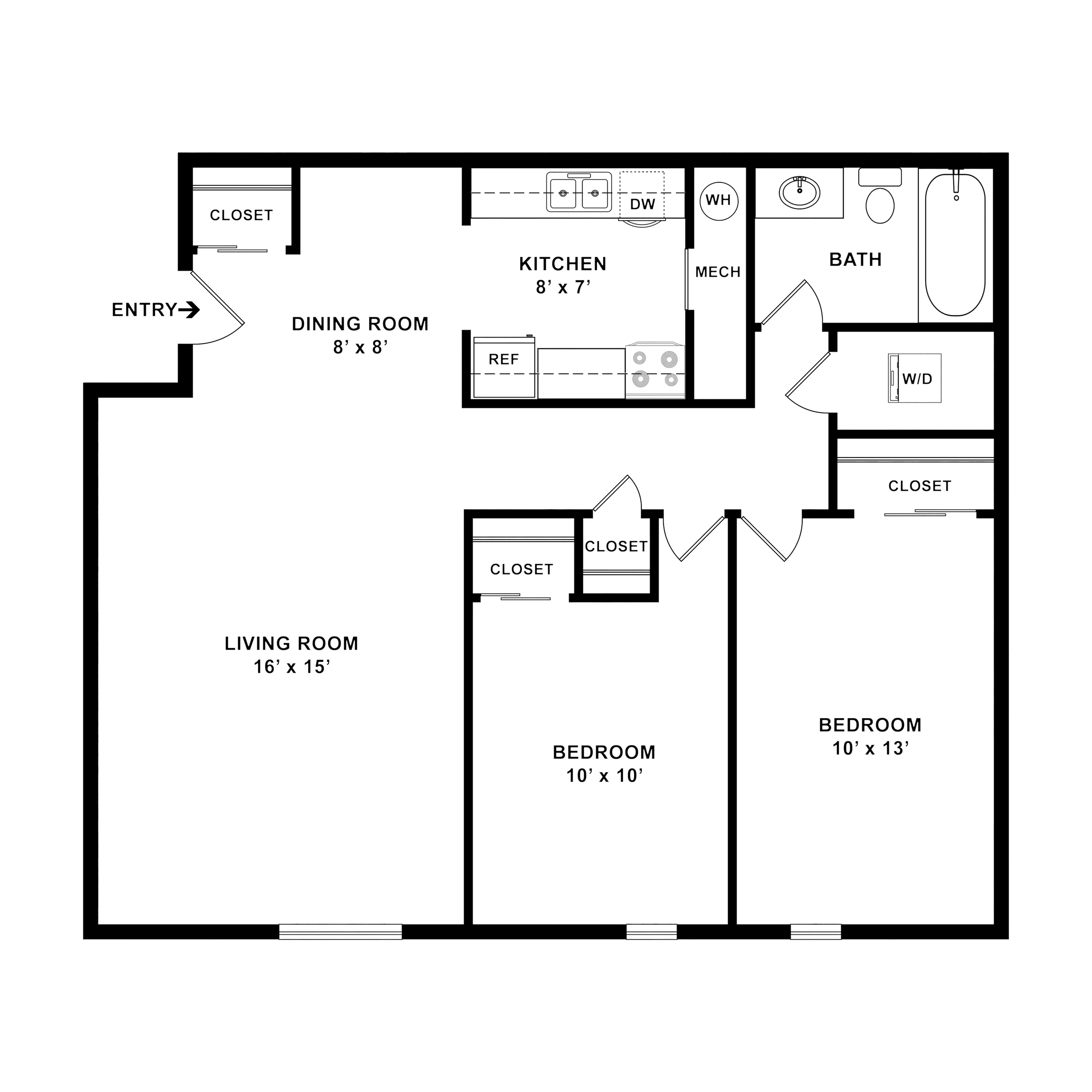 Modern apartment floor plan featuring spacious living room, two cozy bedrooms, efficient kitchen, and convenient in-unit laundry.
