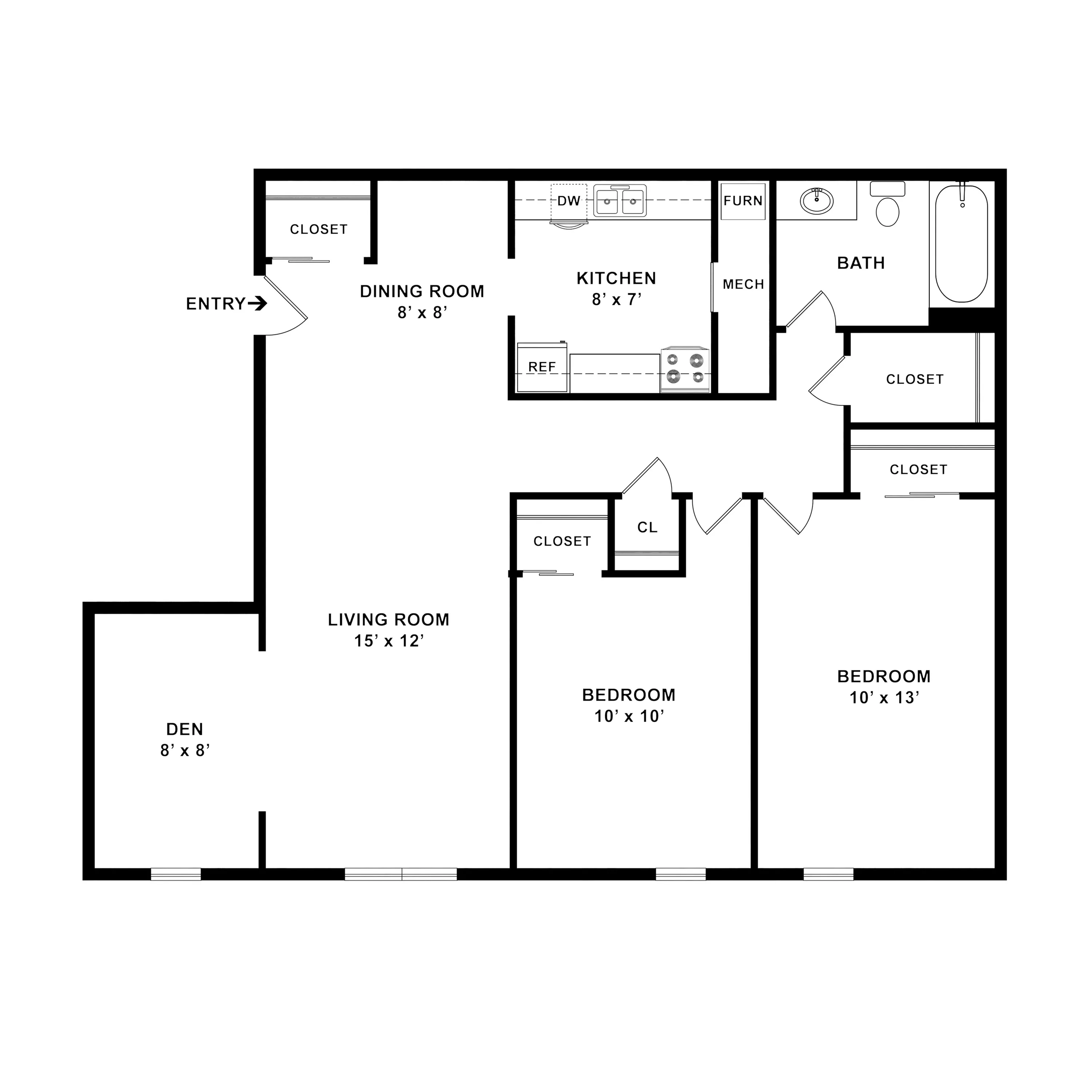 Inviting floor plan showcasing 2 bedrooms, a spacious living room, dining area, and cozy den, ideal for modern living.