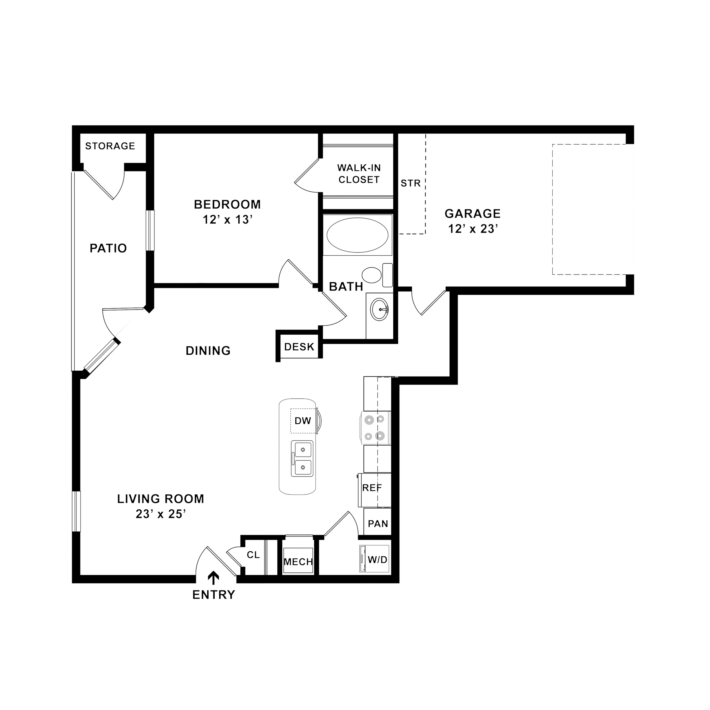 Contemporary floor plan featuring a spacious living room, one bedroom with walk-in closet, modern kitchen with island, and attached garage.