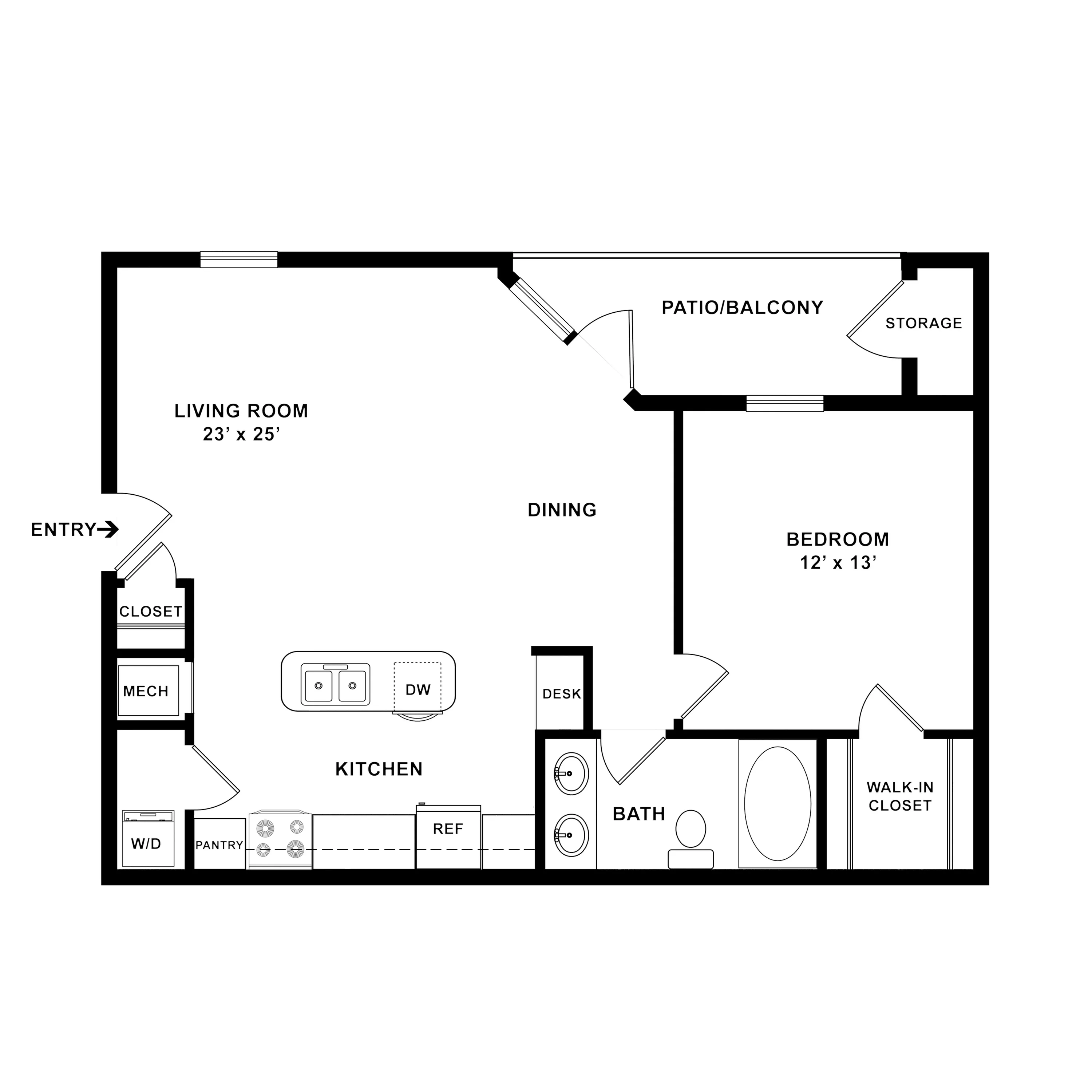 Sleek floor plan highlighting a spacious open-concept living and dining area, modern kitchen with island, cozy bedroom, and inviting patio/balcony.