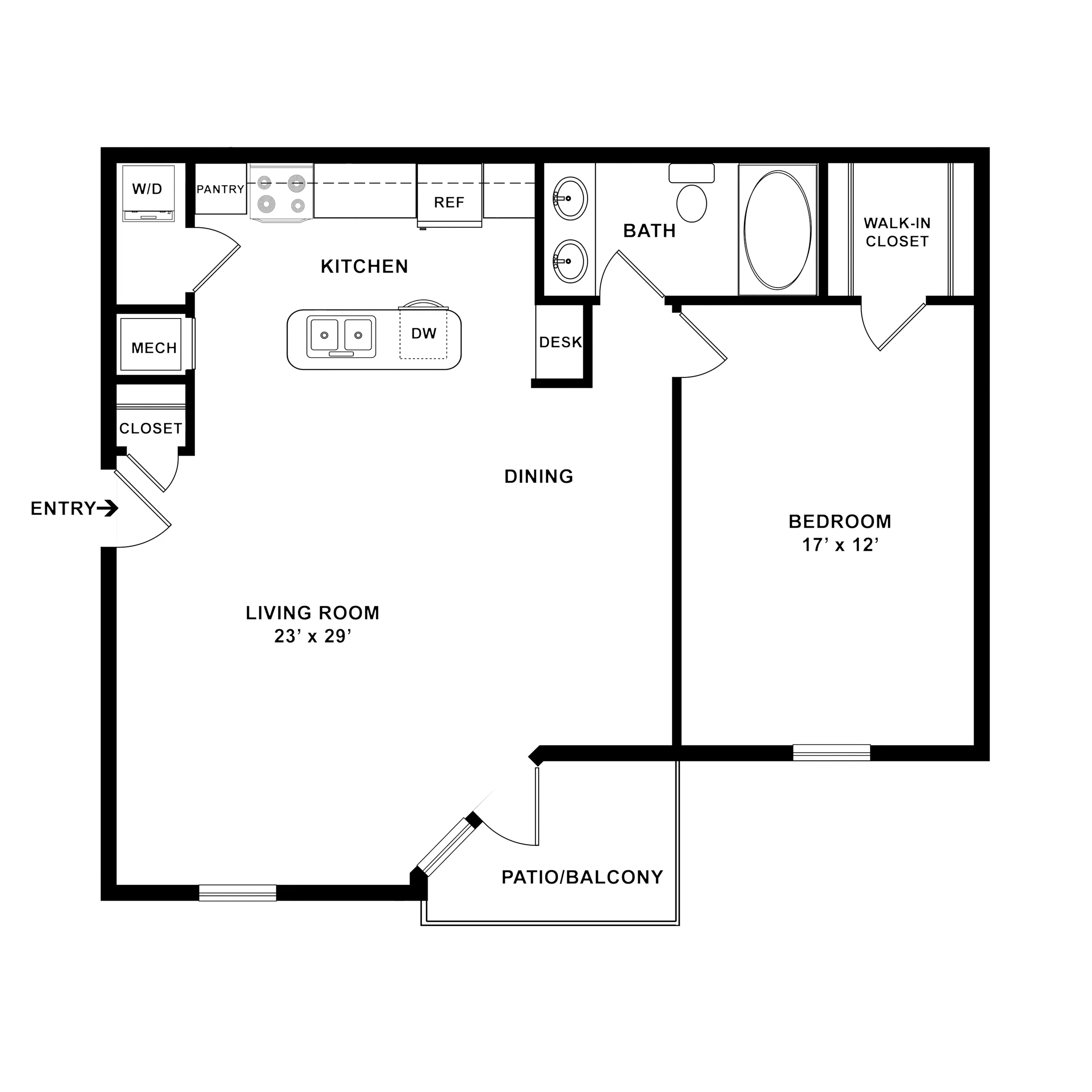 Modern apartment floor plan featuring a spacious 1-bedroom with walk-in closet, expansive living room, open kitchen with island, and a private patio/balcony.