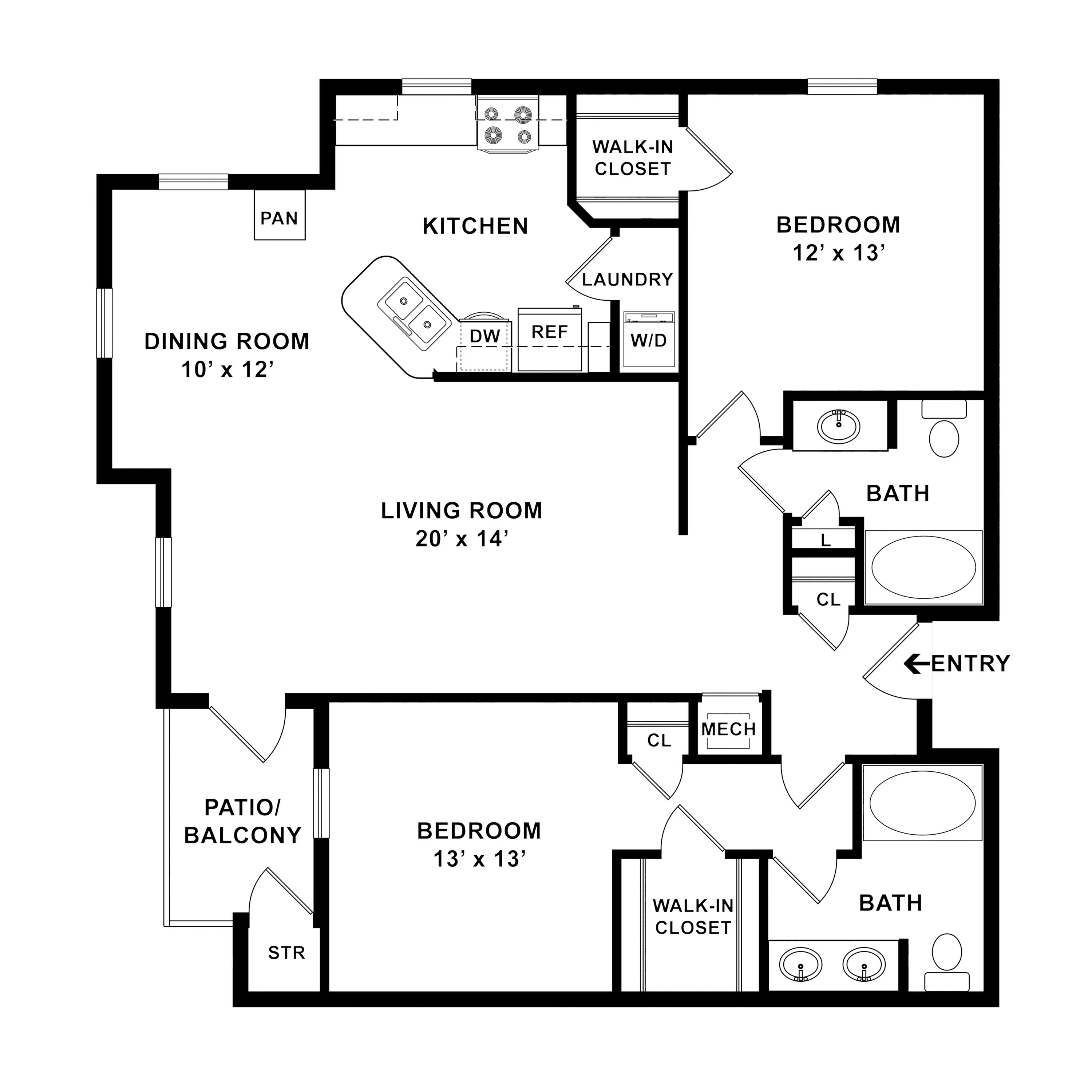 Elegant floor plan showcasing two spacious bedrooms, a luxurious kitchen, and an inviting living area with access to a patio. Includes two bathrooms, dining room, and walk-in closets.