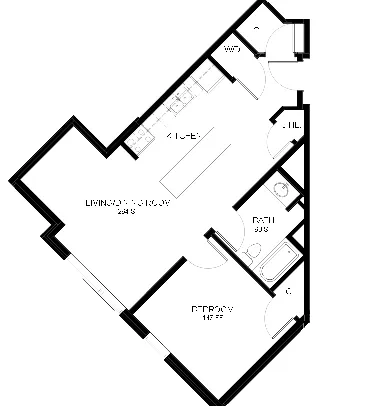 Modern floor plan layout showcasing 1 bedroom and a spacious open-concept living area with kitchen. Includes a well-designed bathroom, ideal for comfortable living.