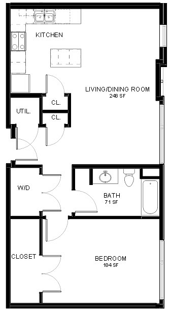 Modern apartment floor plan with 1 bedroom, open kitchen, spacious living/dining area, and convenient utilities.