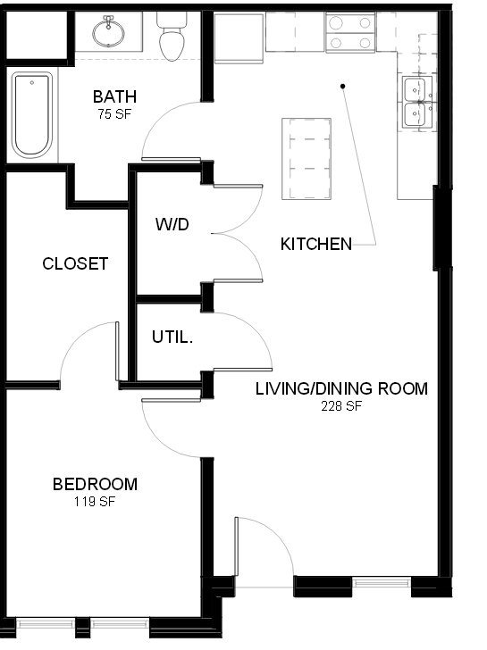 Inviting floor plan featuring 1 bedroom, versatile living/dining area, modern kitchen with island, and a spacious bath.